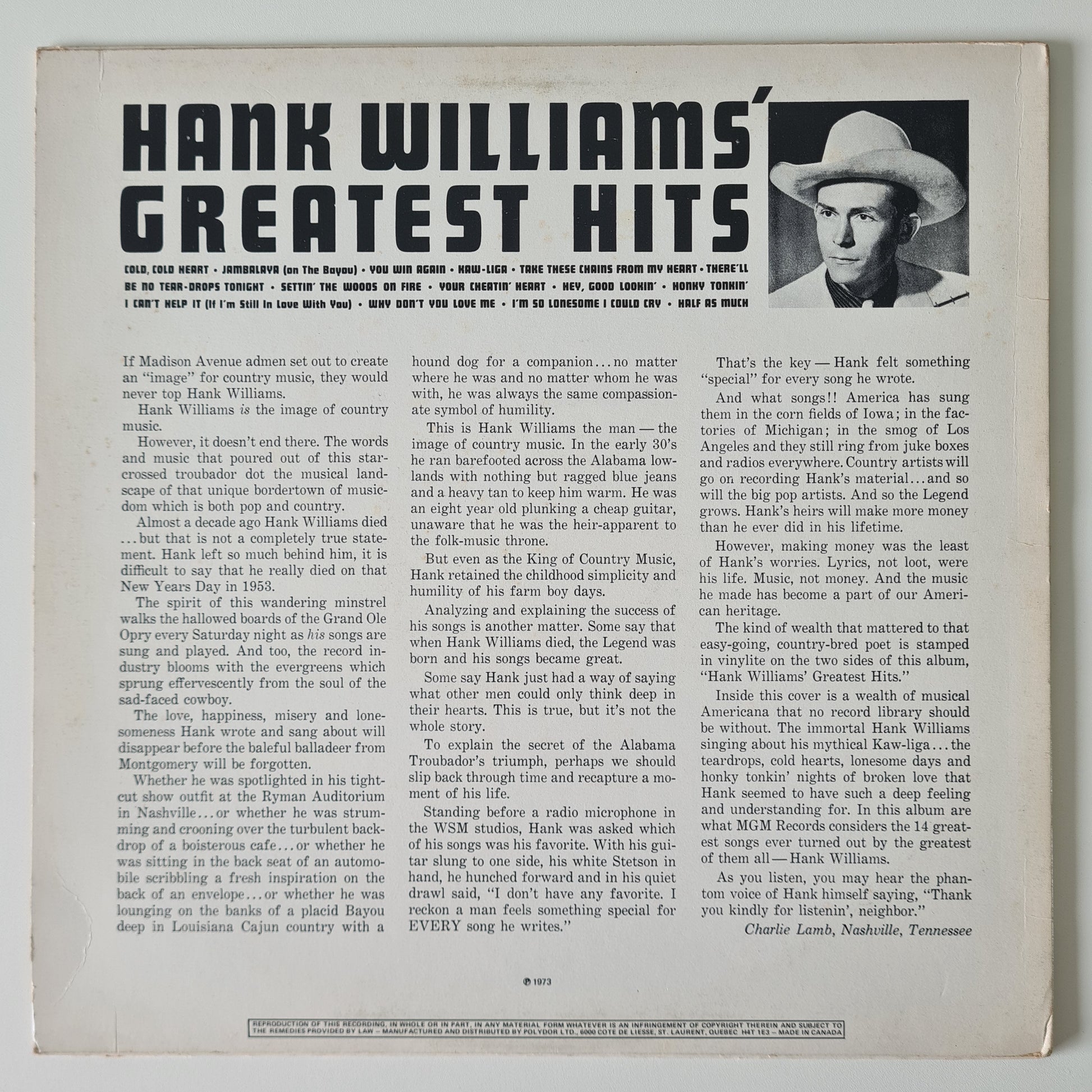 Hank Williams – Hank Williams’ Greatest Hits - 1971 (Canadian Pressing) - Vinyl Record LP - Sound Hound Records