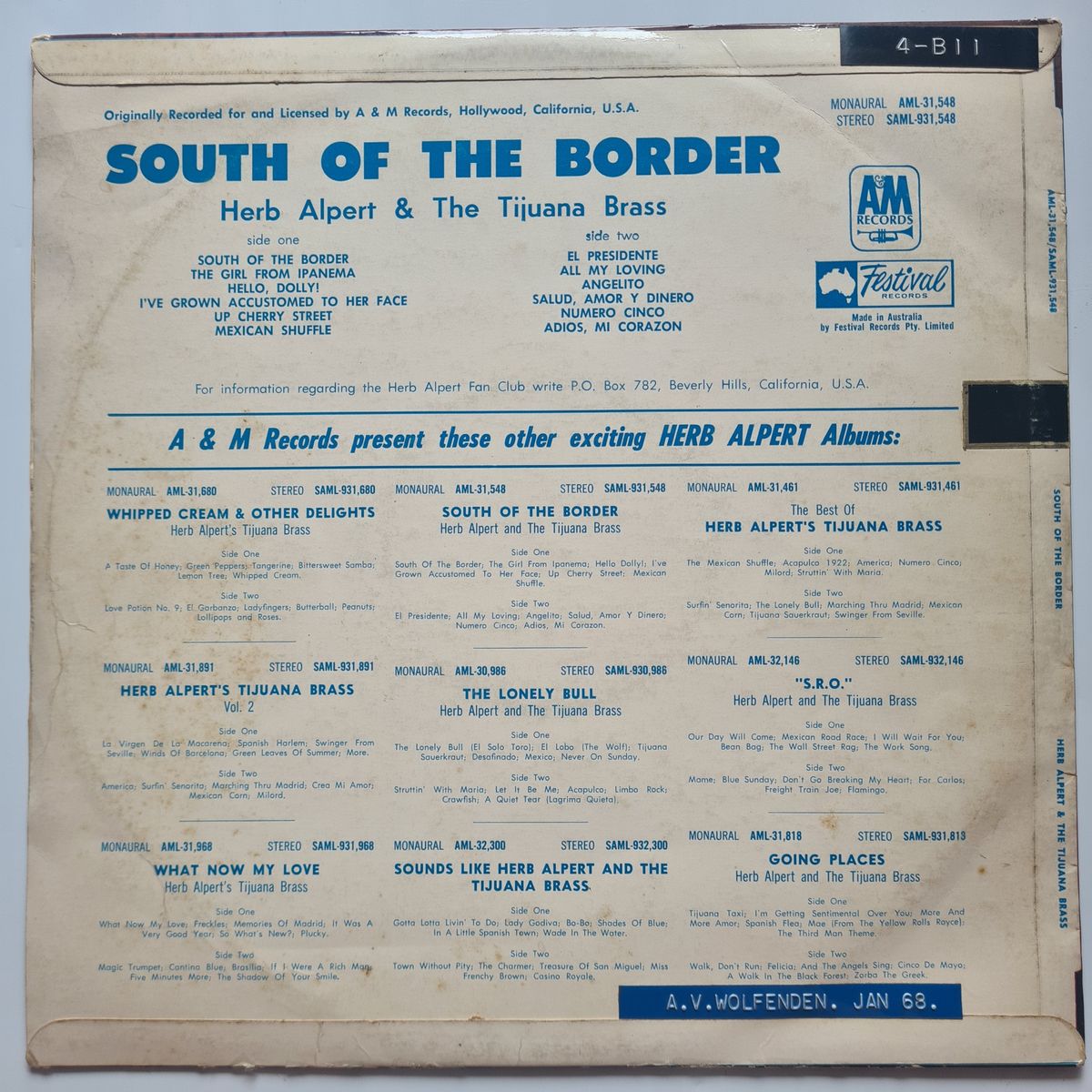 Herb Alpert's Tijuana Brass – South Of The Border - 1964 - Vinyl Record LP