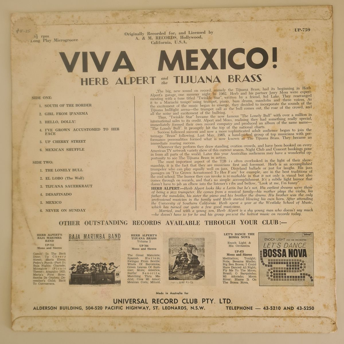 Herb Alpert's Tijuana Brass – Viva Mexico - Australian Pressing - Vinyl Record LP
