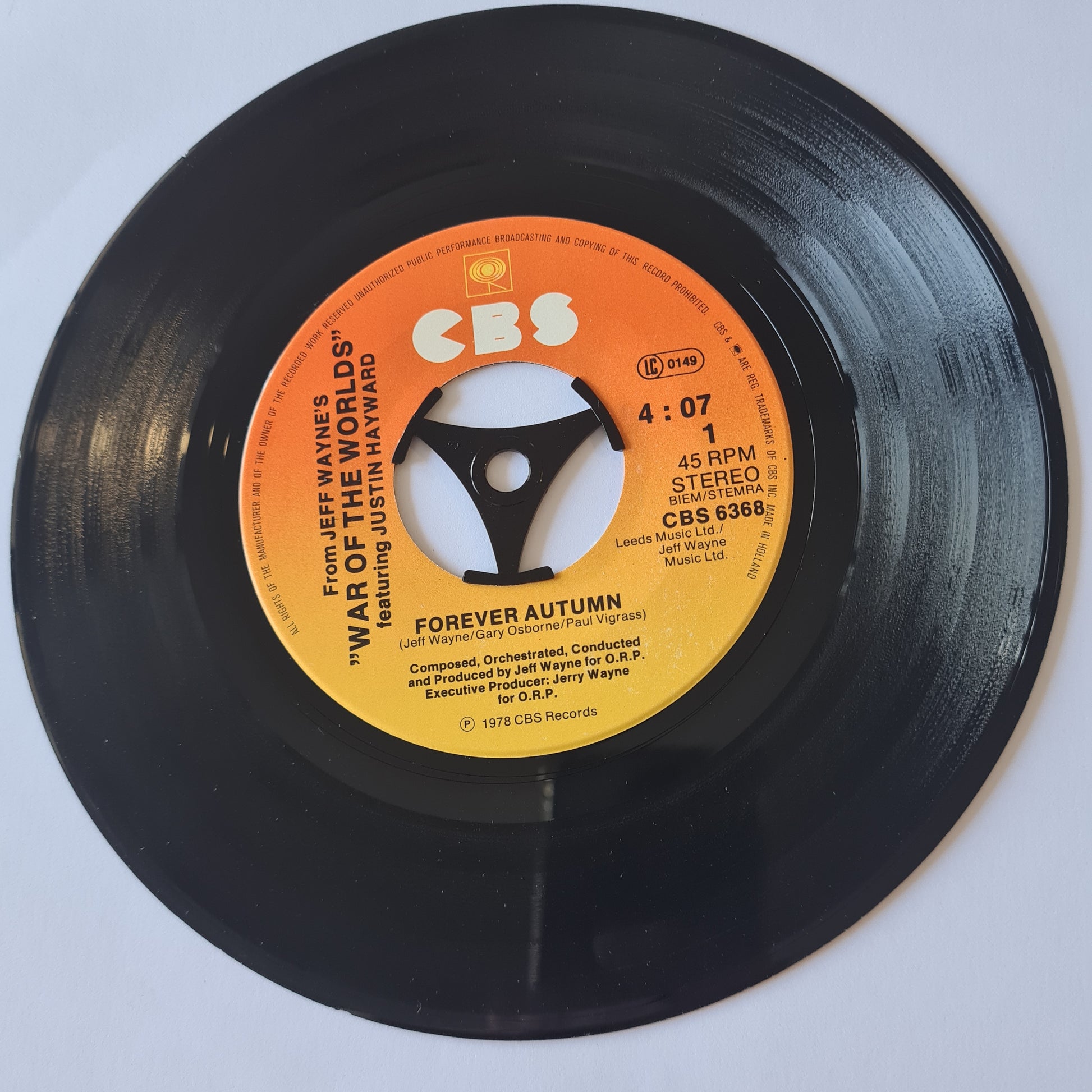 Jeff Wayne Feat. Justin Hayward – Forever Autumn (From "War Of The Worlds")- 1978 - Vinyl Record 7" Single - 45 RPM - Sound Hound Records