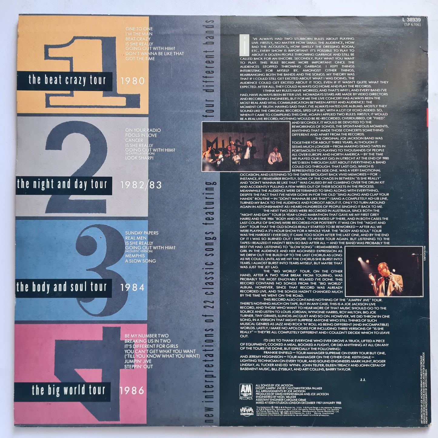 Joe Jackson – Live 1980/86 - 1988 - Vinyl Record 2LP - Sound Hound Records