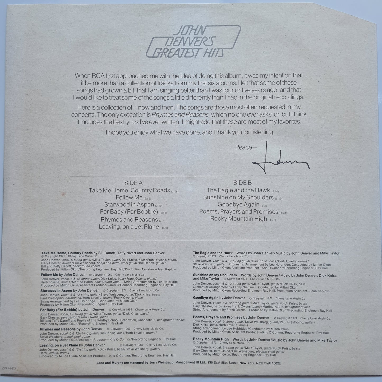 John Denver – John Denver's Greatest Hits - 1973 - Vinyl Record LP - Sound Hound Records