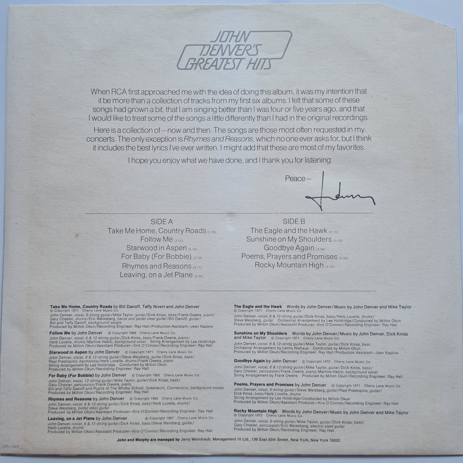 John Denver – John Denver's Greatest Hits - 1973 - Vinyl Record LP - Sound Hound Records