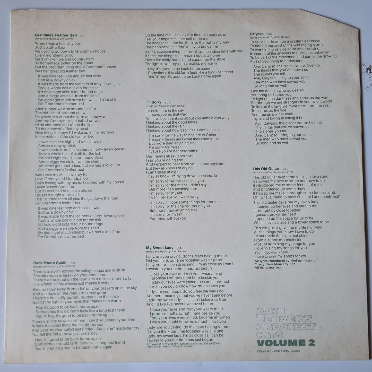 John Denver – John Denver's Greatest Hits, Volume 2 - 1977 - Vinyl Record LP - Sound Hound Records