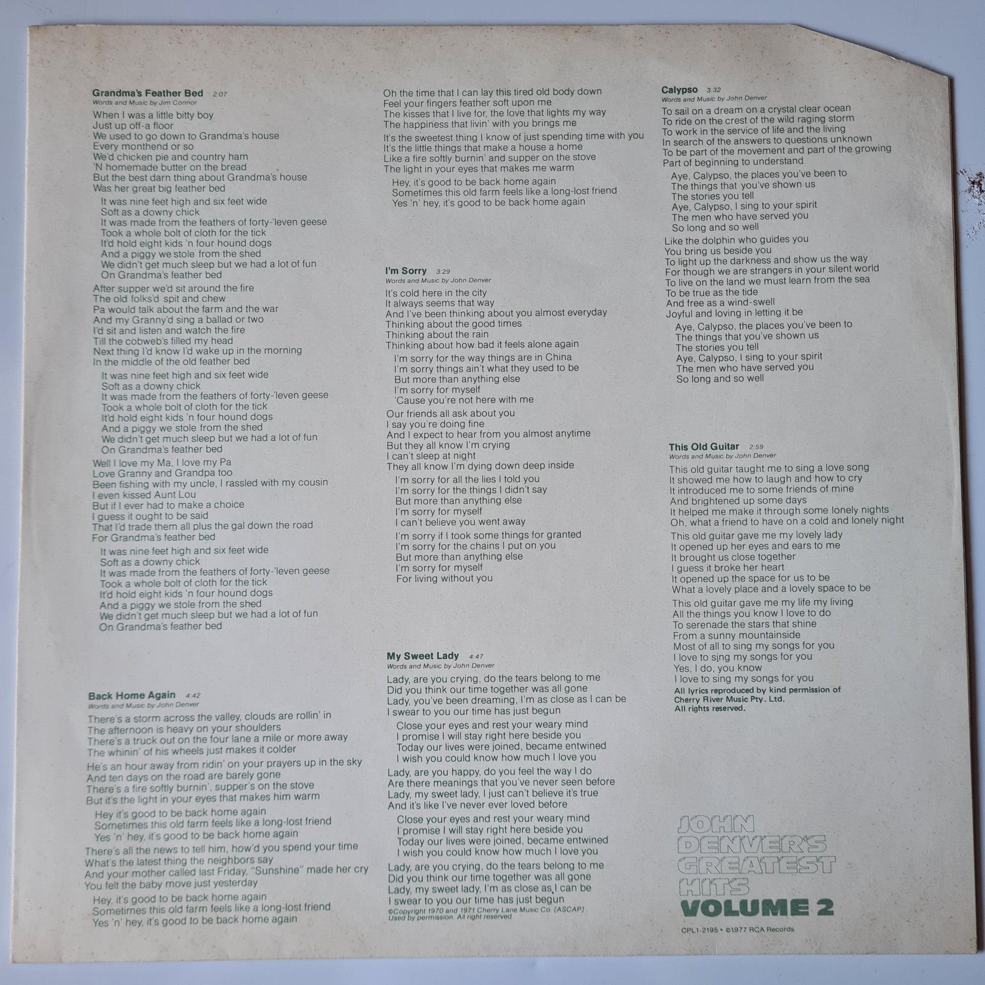 John Denver – John Denver's Greatest Hits, Volume 2 - 1977 - Vinyl Record LP - Sound Hound Records