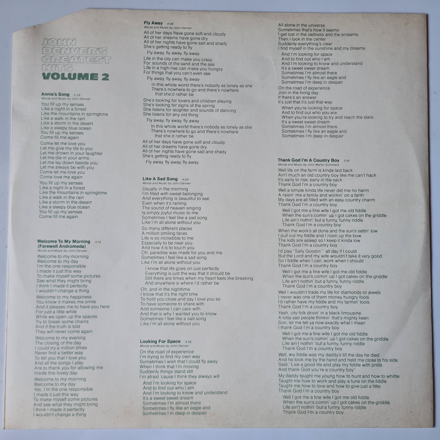 John Denver – John Denver's Greatest Hits, Volume 2 - 1977 - Vinyl Record LP - Sound Hound Records