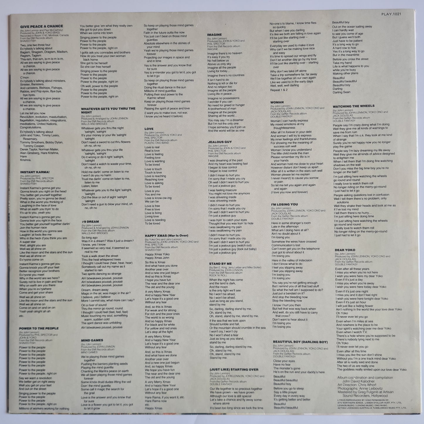 John Lennon (The Beatles) – The John Lennon Collection - 1982 - Vinyl Record LP - Sound Hound Records