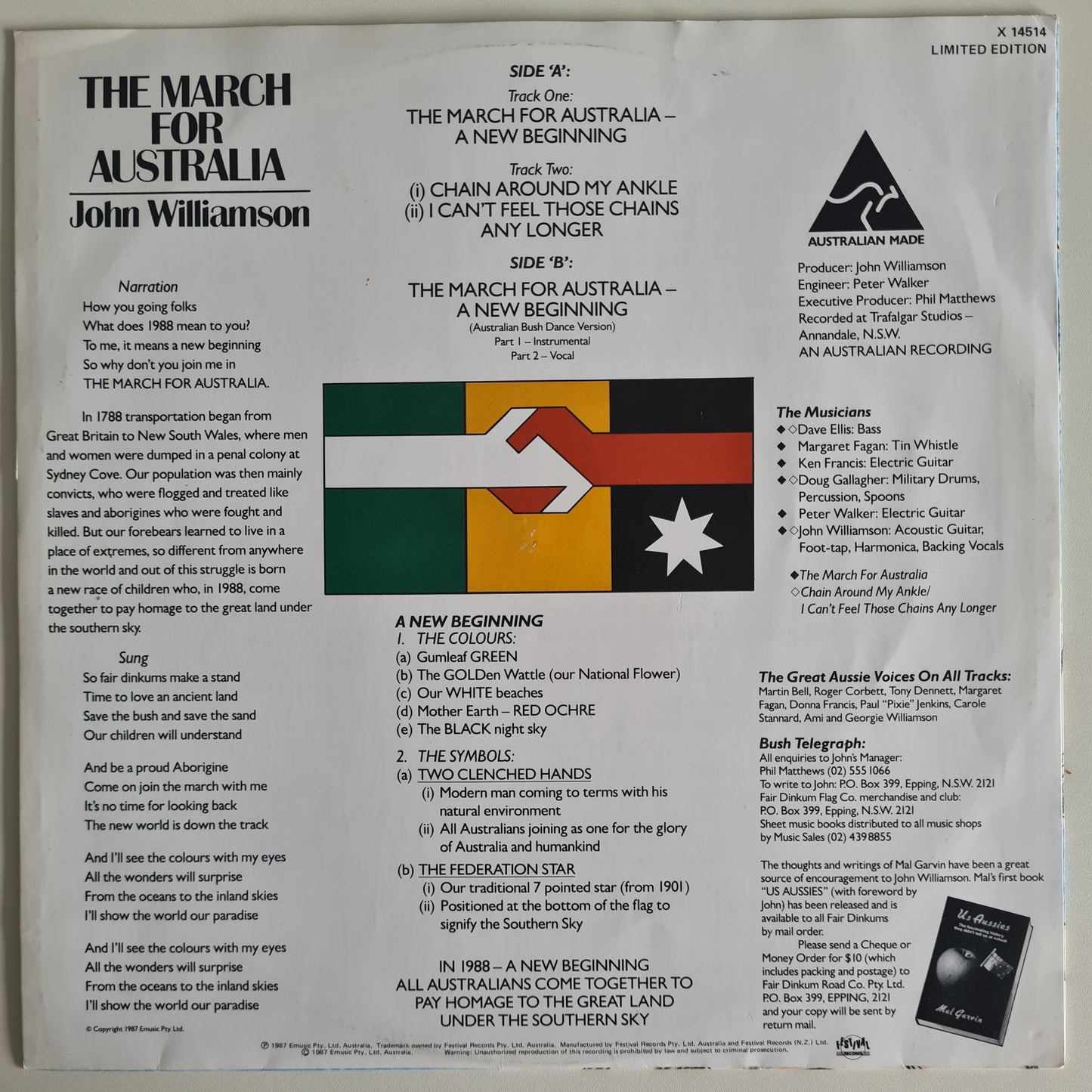 John Williamson – The March For Australia A New Beginning - 1987 - Vinyl Record 12" Maxi Single - Sound Hound Records