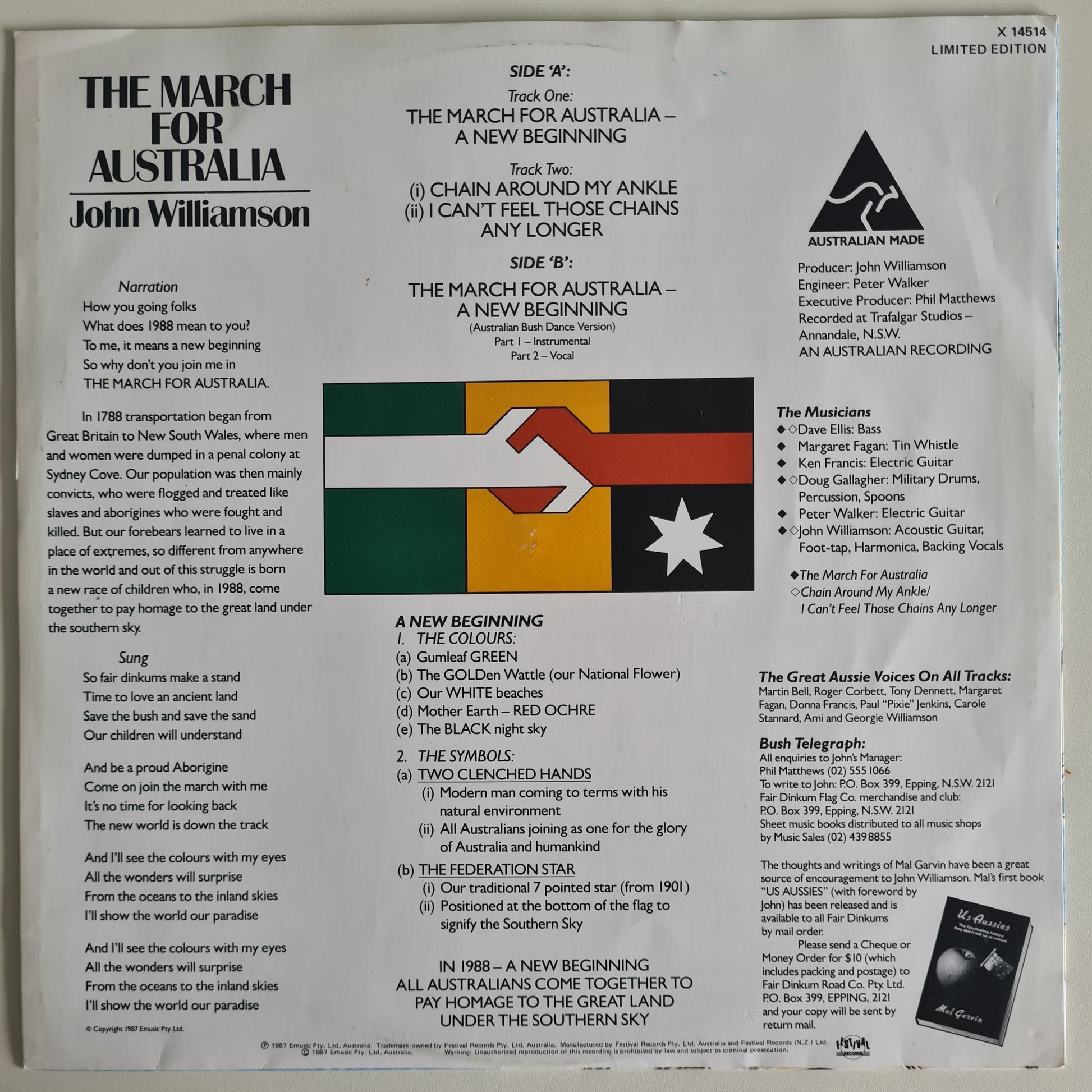 John Williamson – The March For Australia A New Beginning - 1987 - Vinyl Record 12" Maxi Single - Sound Hound Records