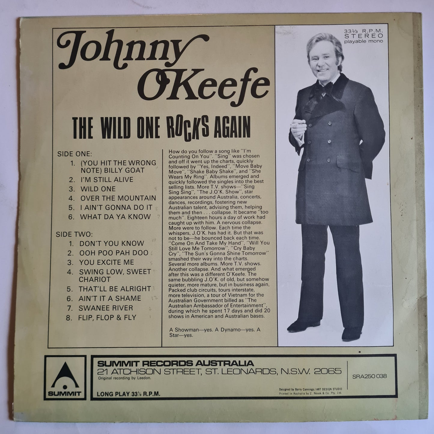 Johnny O'Keefe – The Wild One Rocks Again - 1972 - Vinyl Record LP - Sound Hound Records