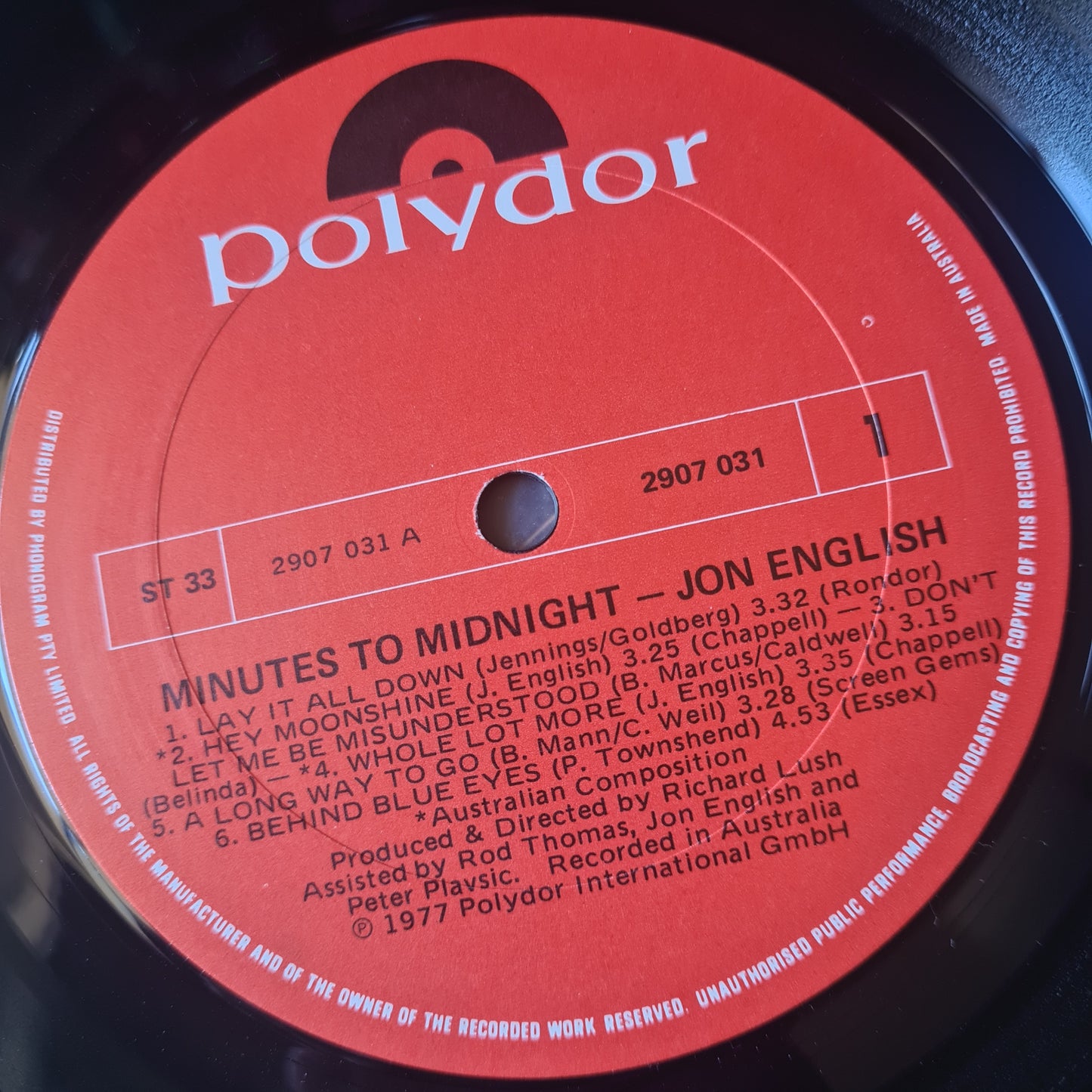 Jon English – Minutes To Midnight - 1977 - Vinyl Record LP - Sound Hound Records