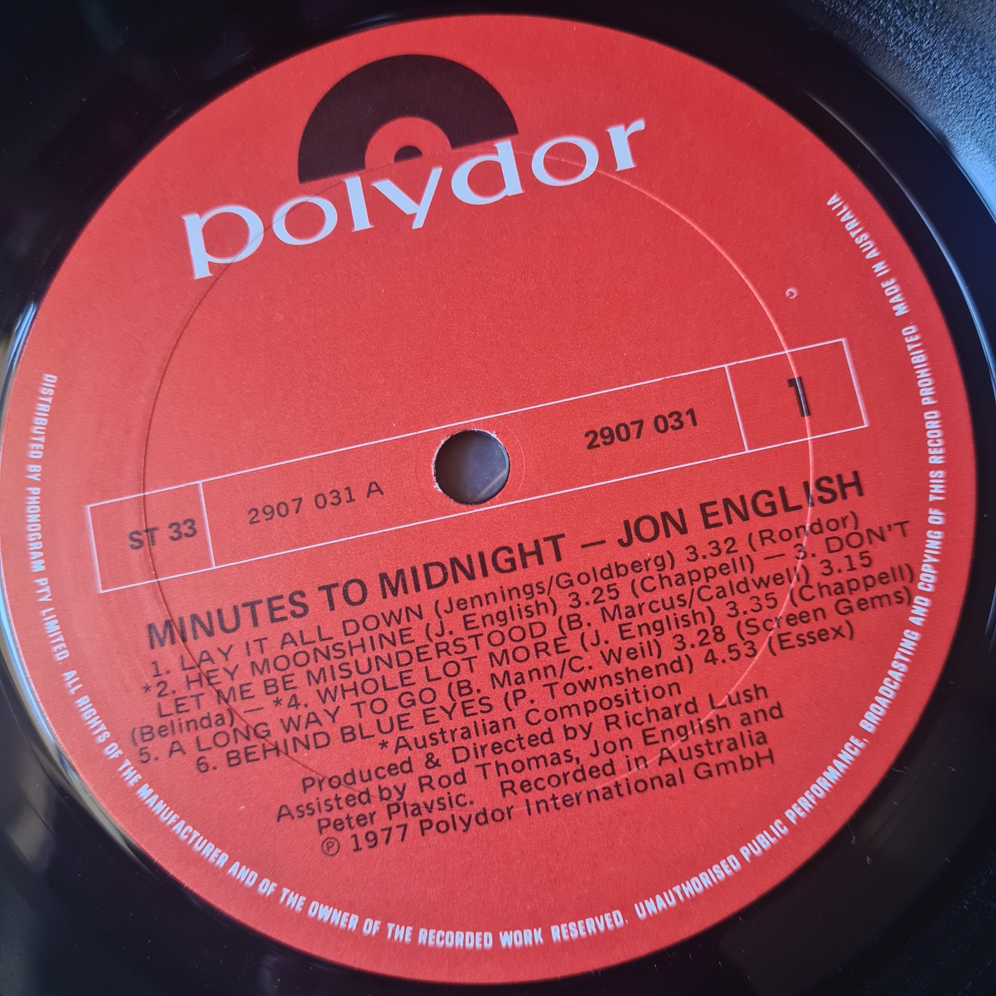 Jon English – Minutes To Midnight - 1977 - Vinyl Record LP - Sound Hound Records
