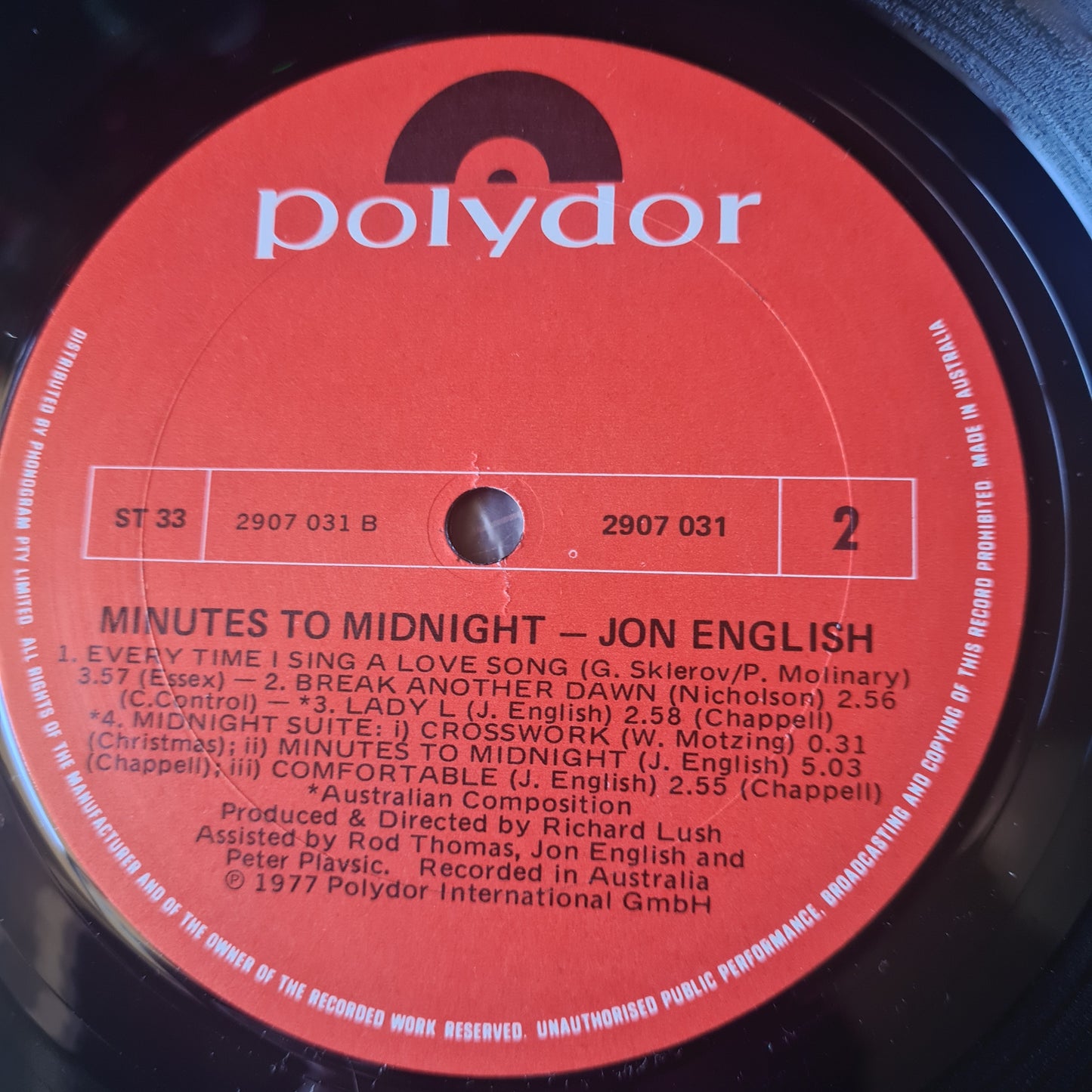 Jon English – Minutes To Midnight - 1977 - Vinyl Record LP - Sound Hound Records