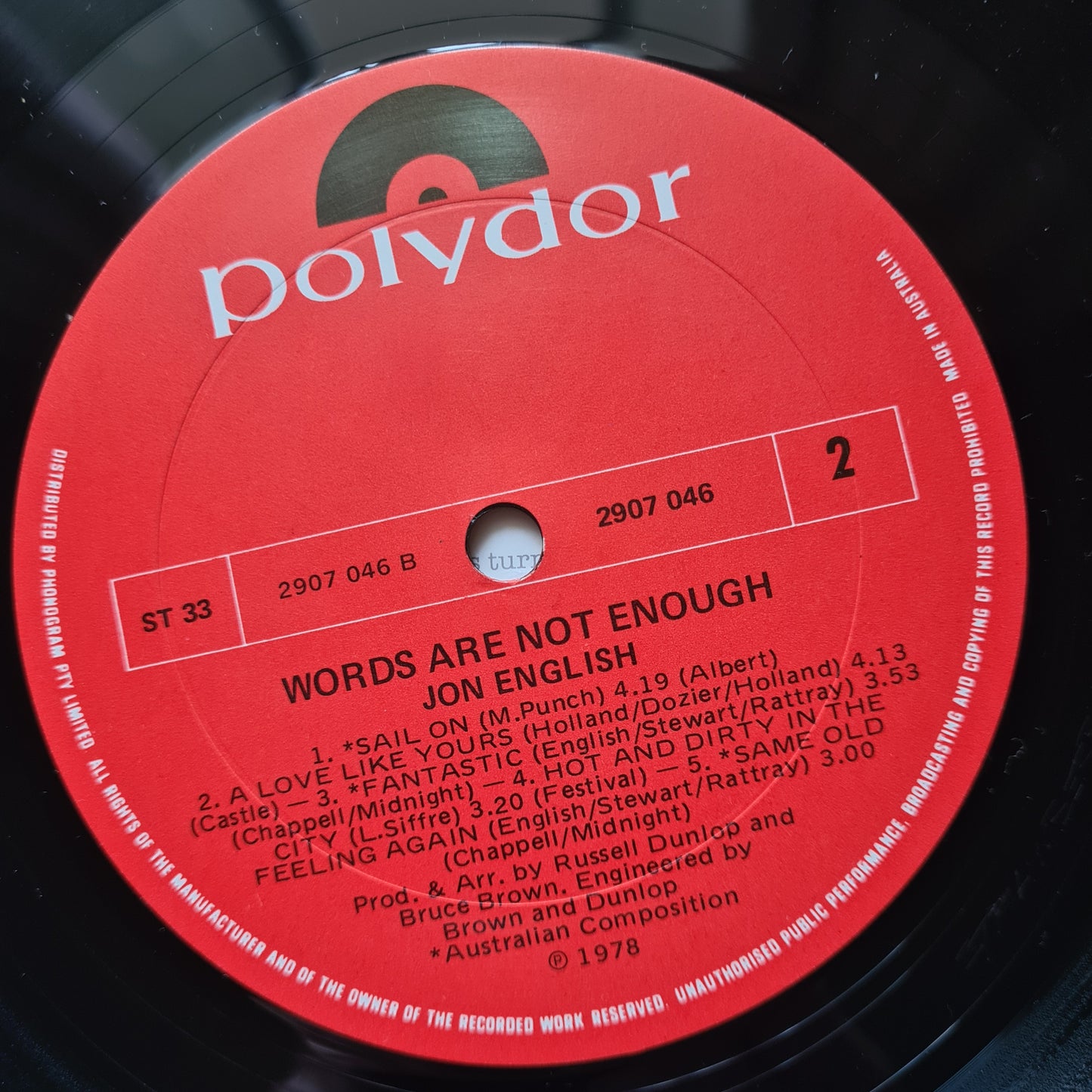 Jon English – Words Are Not Enough - 1978 - Vinyl Record LP - Sound Hound Records