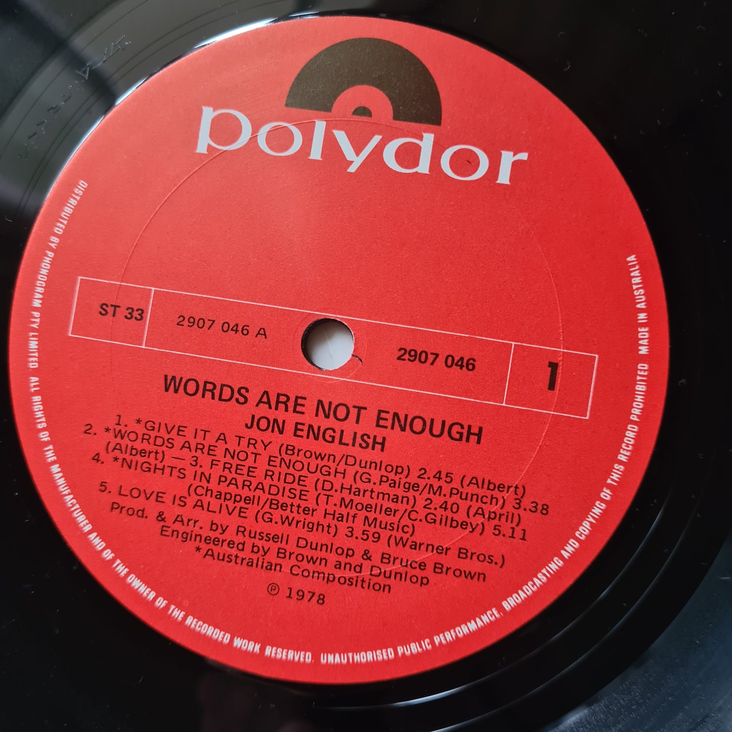 Jon English – Words Are Not Enough - 1978 - Vinyl Record LP - Sound Hound Records