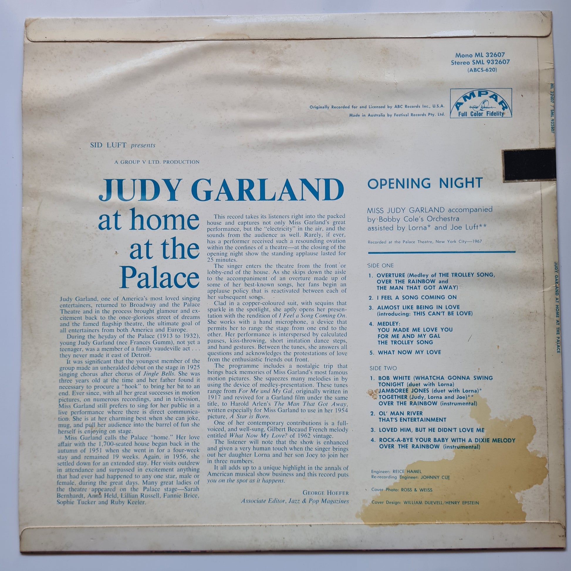 Judy Garland  – At Home At The Palace (Live) - 1967 - Vinyl Record LP - Sound Hound Records