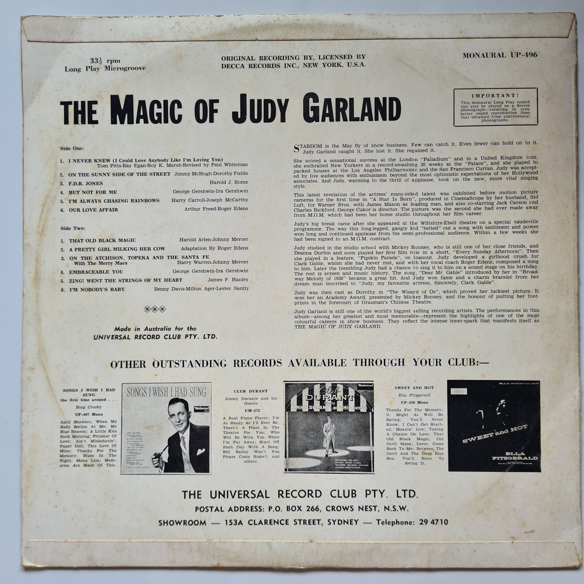 Judy Garland  – The Magic Of Judy Garland - 1961 - Vinyl Record LP - Sound Hound Records