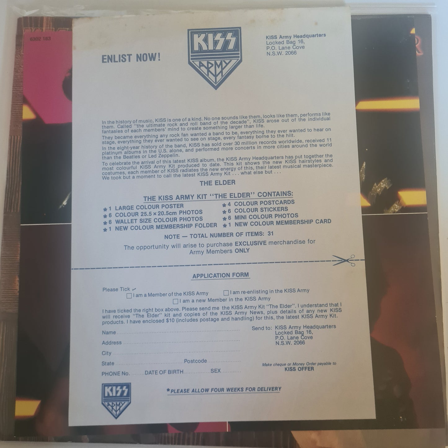 KISS – Music From The Elder - 1981 (Australian Pressing- with picture insert & KISS Army form)- Vinyl Record LP - Sound Hound Records