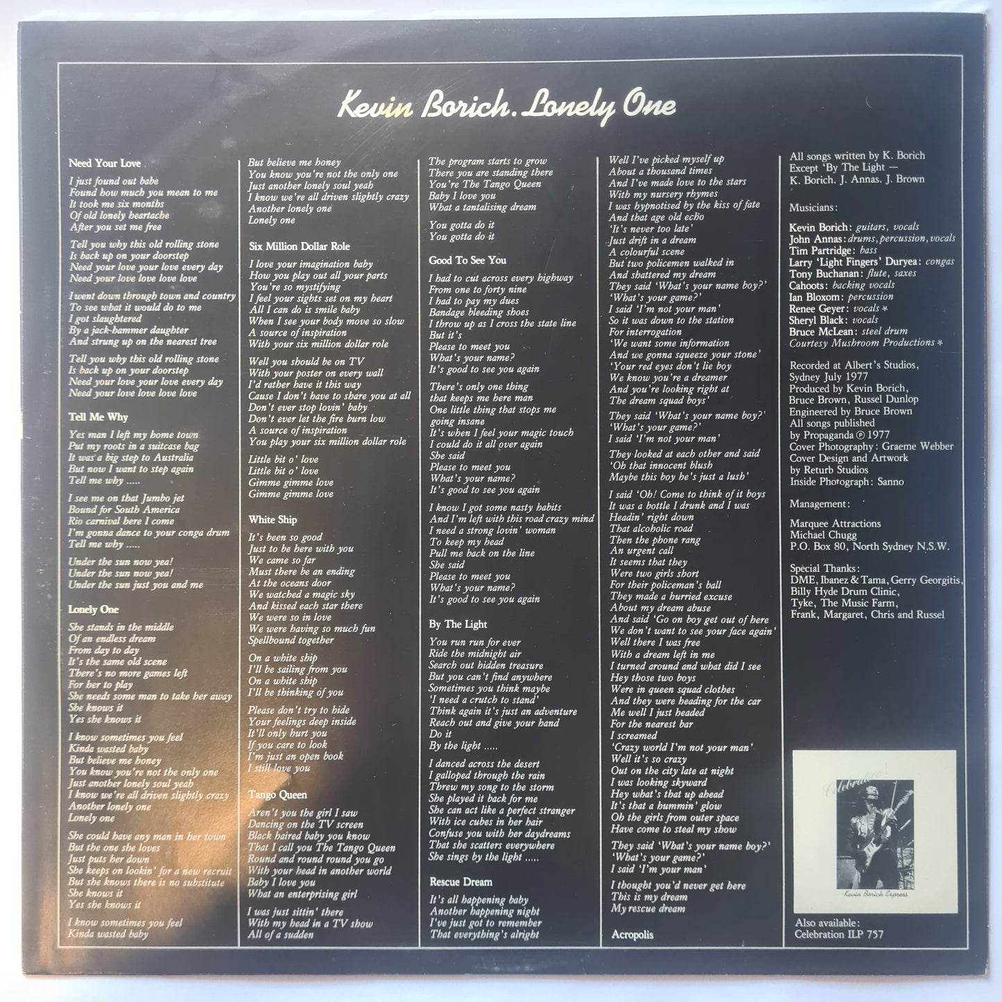 Kevin Borich – Lonely One - 1977 - Vinyl Record LP - Sound Hound Records