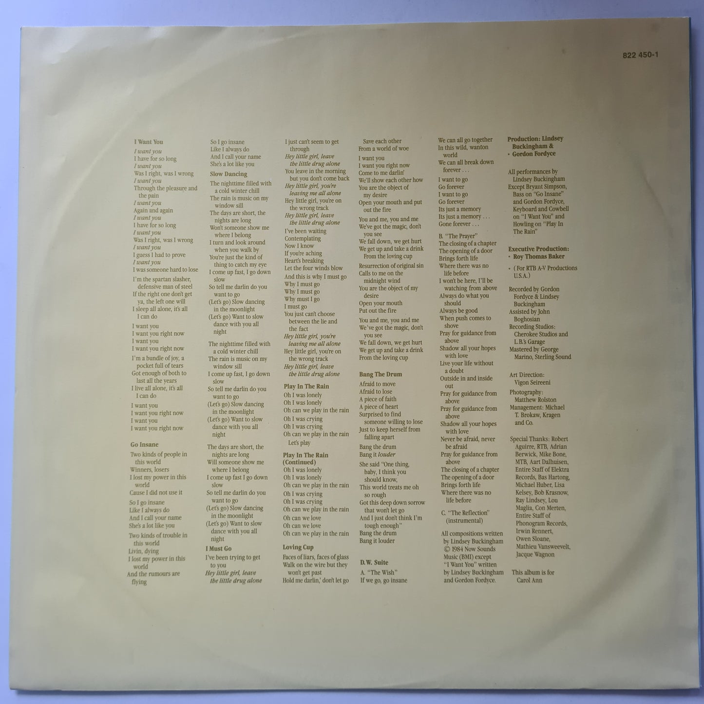 Lindsey Buckingham (Fleetwood Mac) – Go Insane - 1984 - Vinyl Record LP - Sound Hound Records