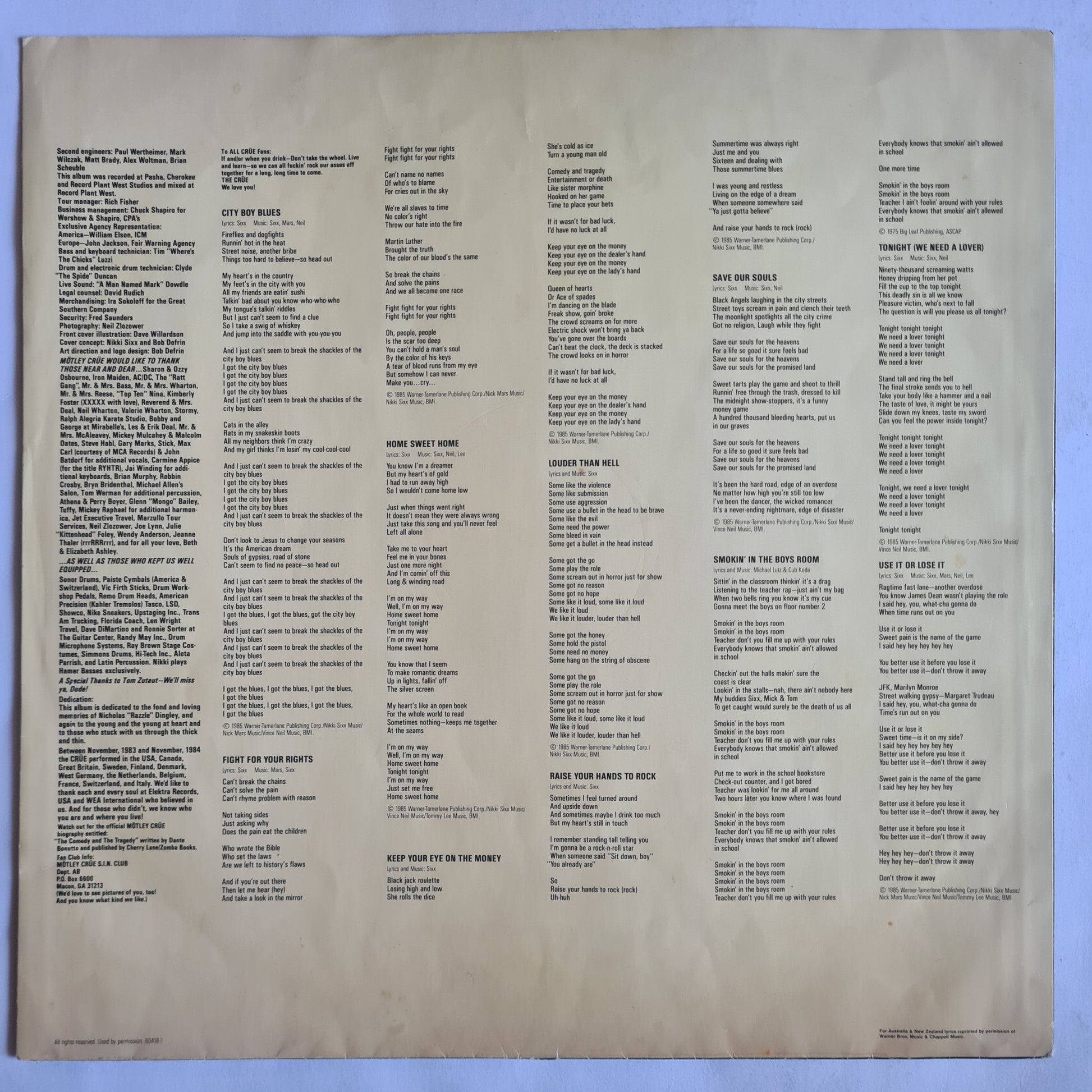 Mötley Crüe – Theatre Of Pain - 1985 (Australian Pressing) - Vinyl Record LP - Sound Hound Records