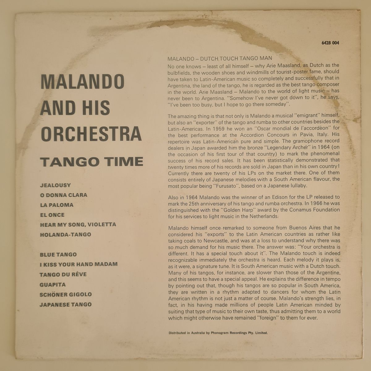 Malando And His Orchestra – Tango Time - Vinyl Record LP