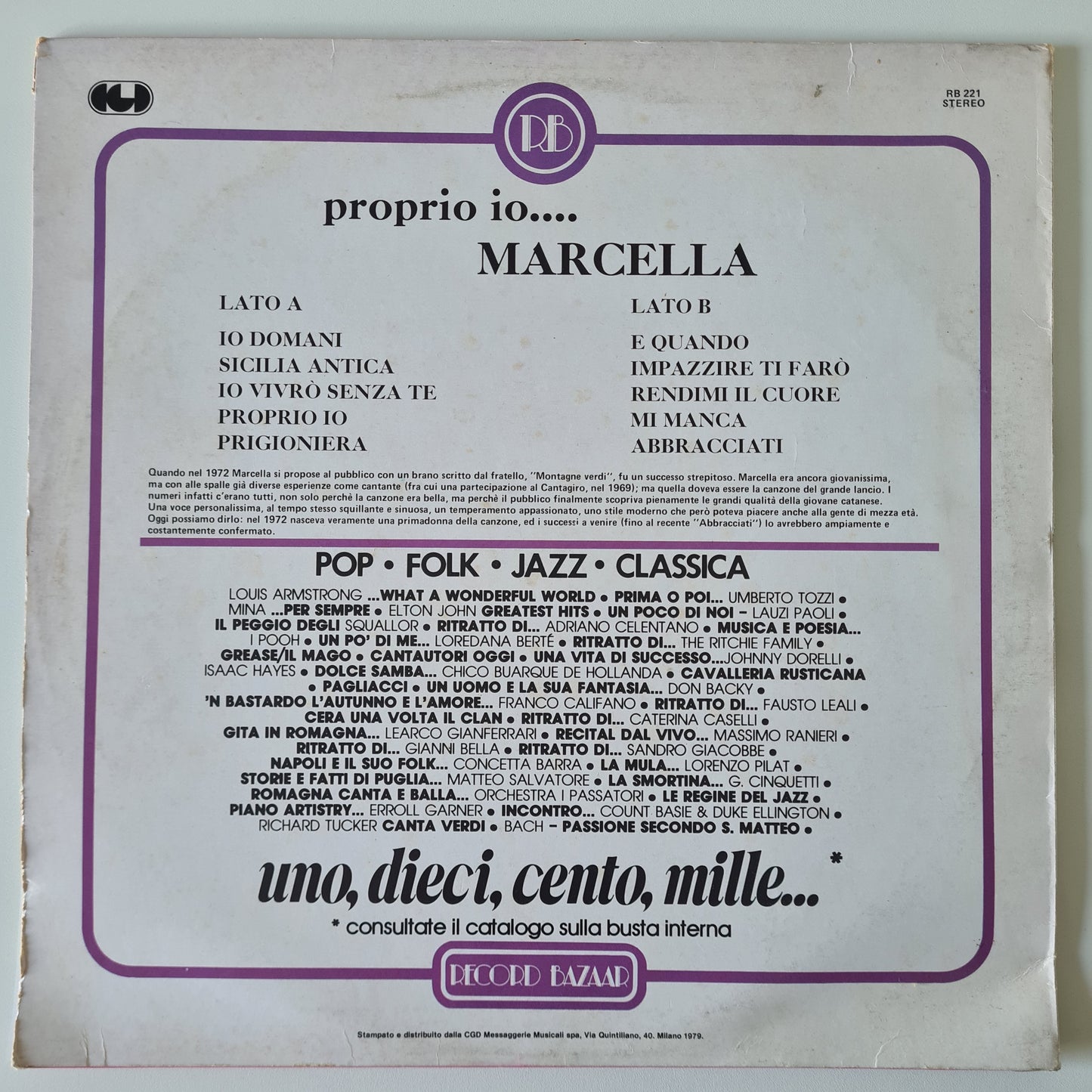Marcella  – Proprio Io.... - 1979 - Vinyl Record LP (Italian) - Sound Hound Records