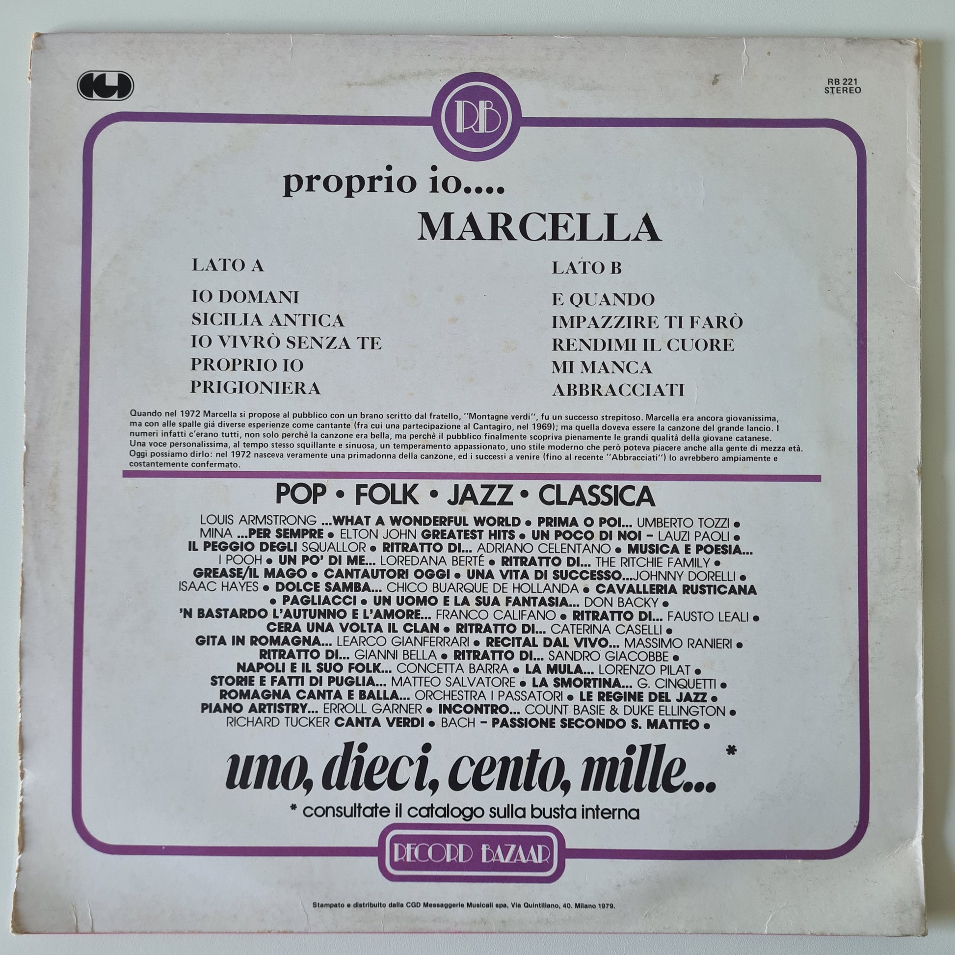 Marcella  – Proprio Io.... - 1979 - Vinyl Record LP (Italian) - Sound Hound Records