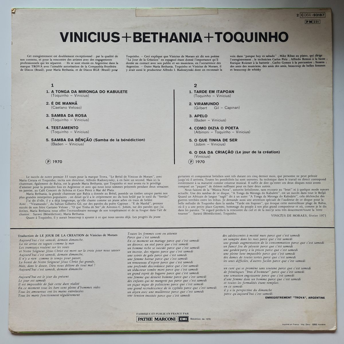 Maria Bethânia / Vinicius De Moraes / Toquinho –  Vinicius + Bethania + Toquinho - 1978 (French Pressing) - Vinyl Record LP 🇧🇷