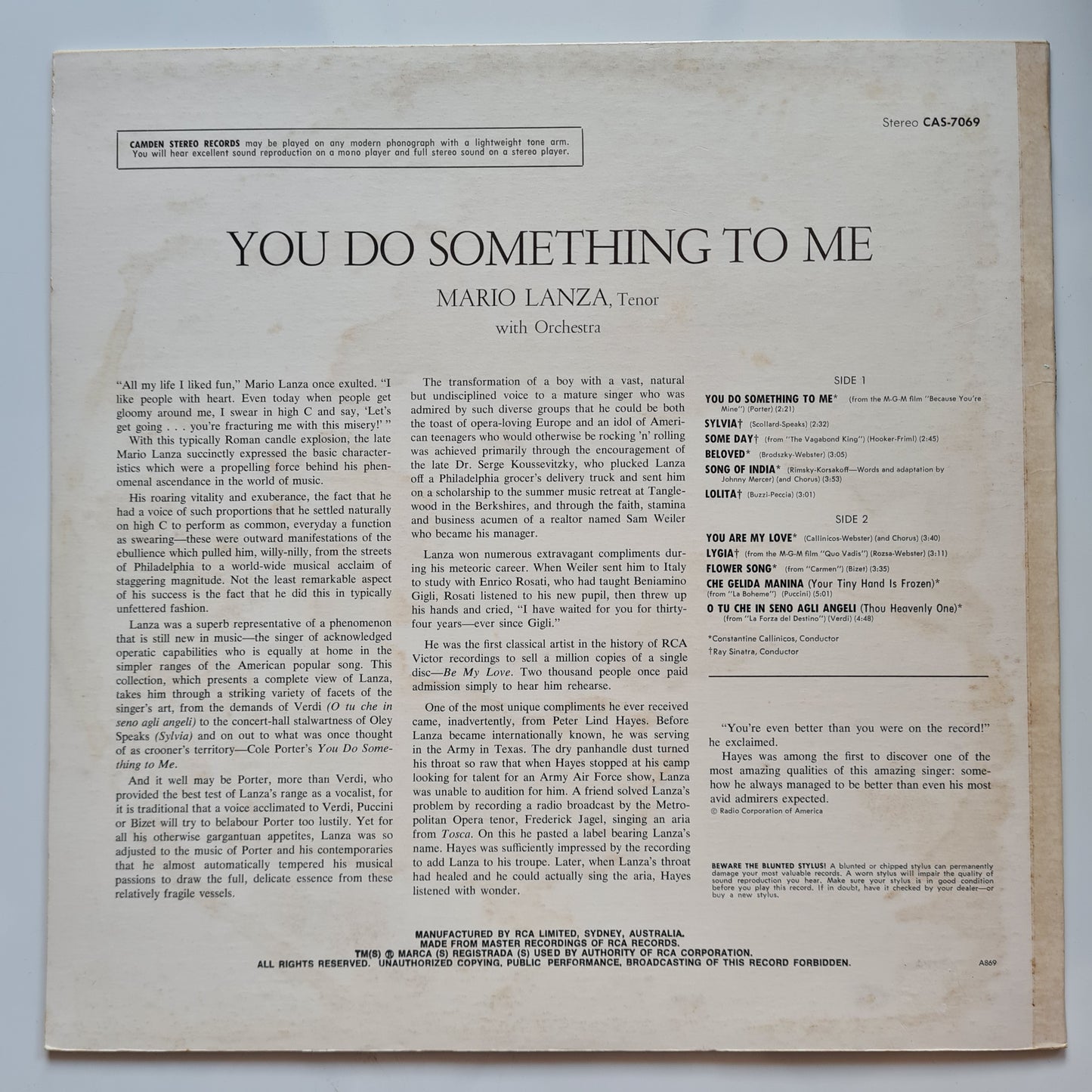 Mario Lanza – You Do Something To Me - 1958 (60's Australian reissue)- Vinyl Record LP - Sound Hound Records