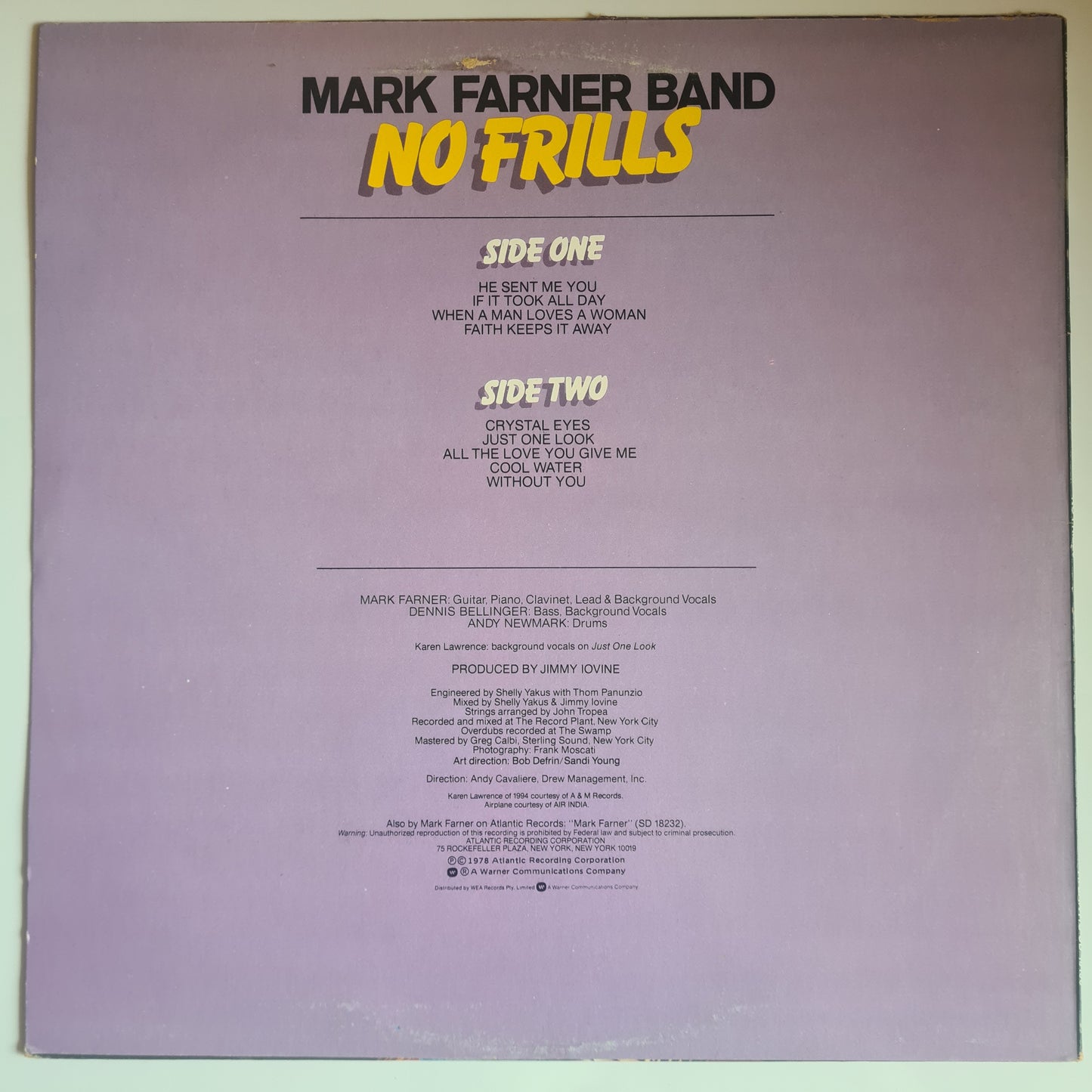 Mark Farner Band – No Frills - 1978 - Vinyl Record LP - Sound Hound Records