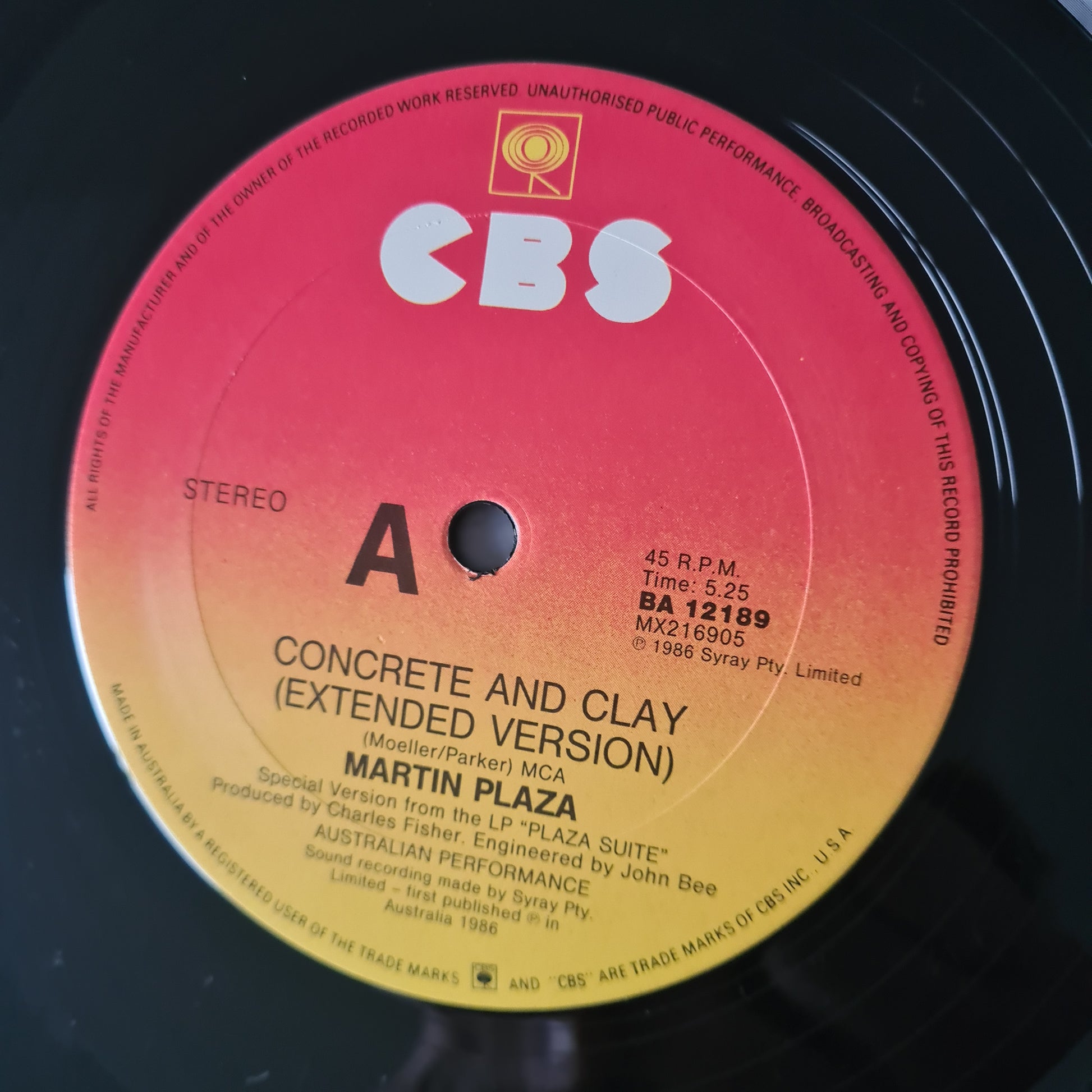 Martin Plaza (Mental As Anything) – Concrete & Clay - 1986 - Vinyl Record 12" Maxi Single - Sound Hound Records