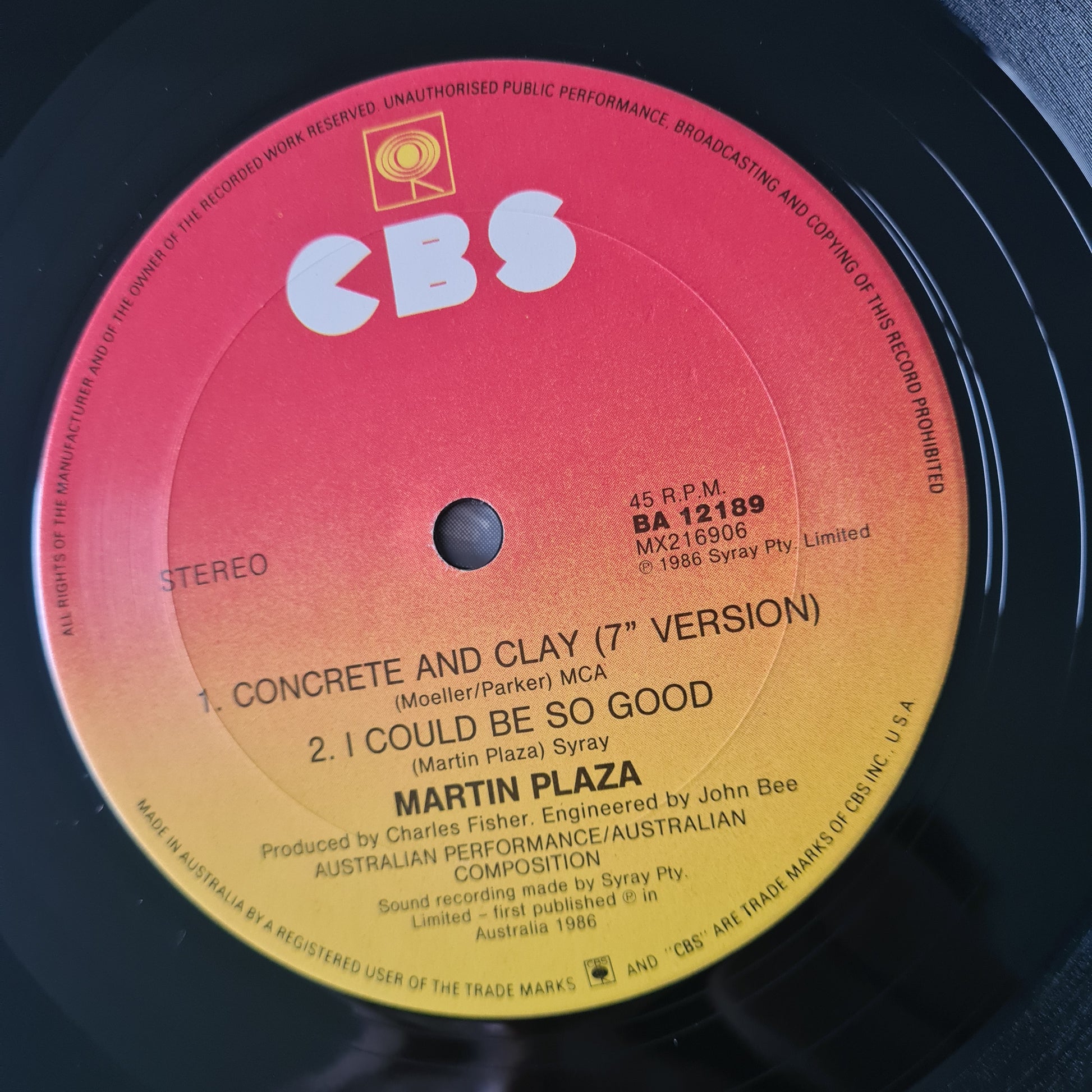 Martin Plaza (Mental As Anything) – Concrete & Clay - 1986 - Vinyl Record 12" Maxi Single - Sound Hound Records