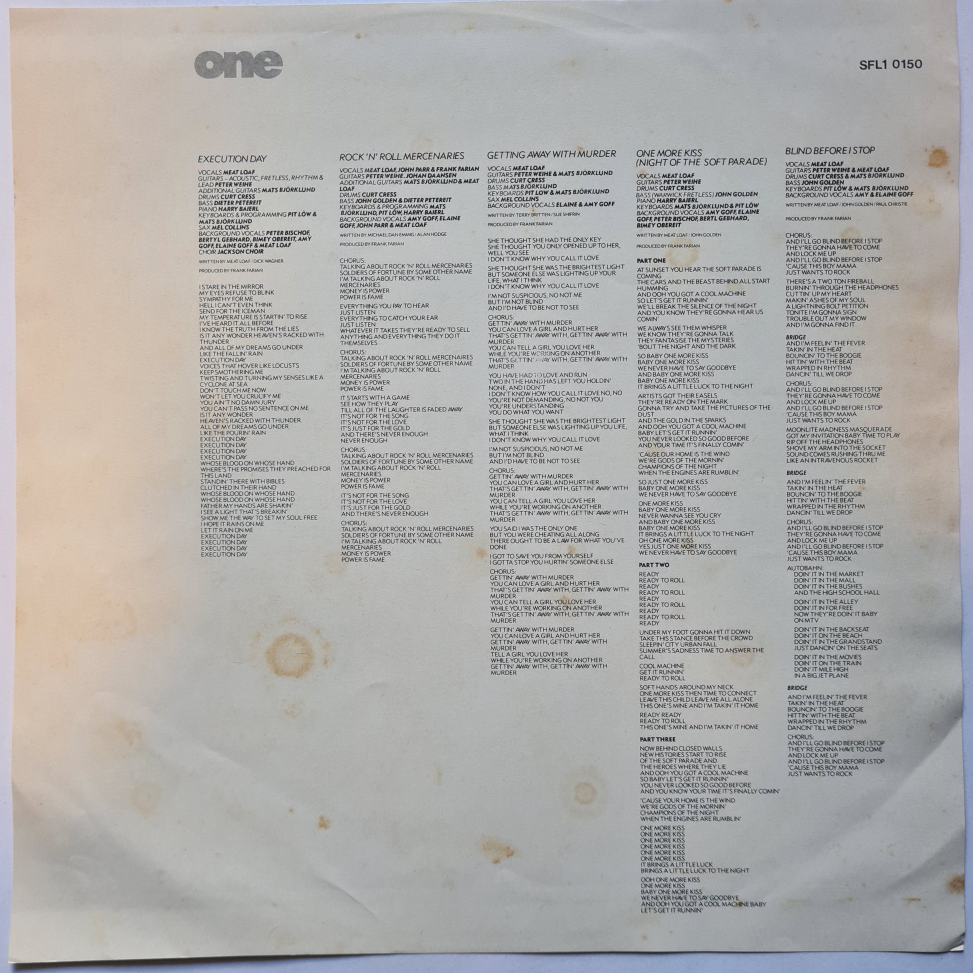 Meat Loaf – Blind Before I Stop - 1986 - Vinyl Record LP - Sound Hound Records