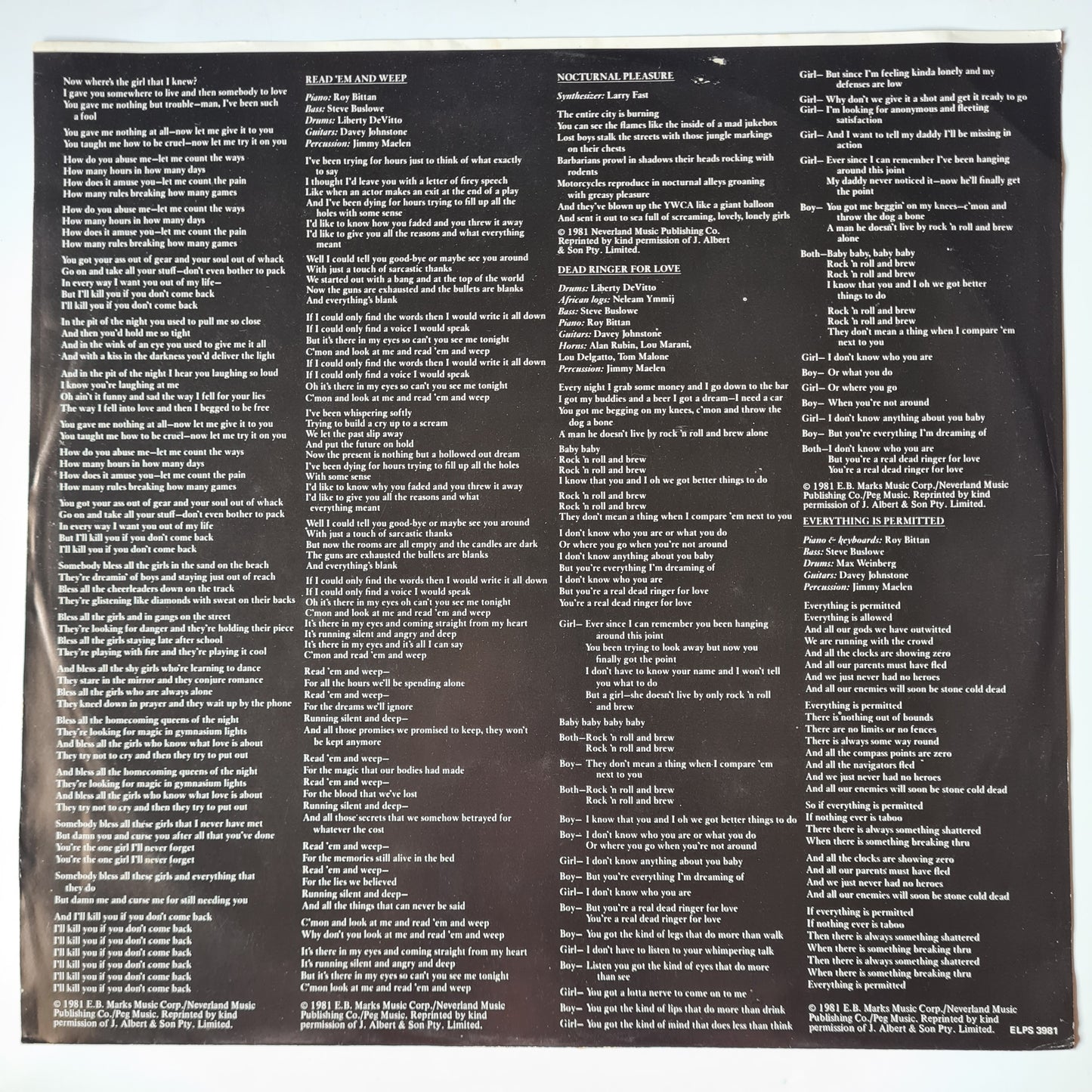 Meat Loaf – Dead Ringer For Love - 1981 - Vinyl Record LP - Sound Hound Records
