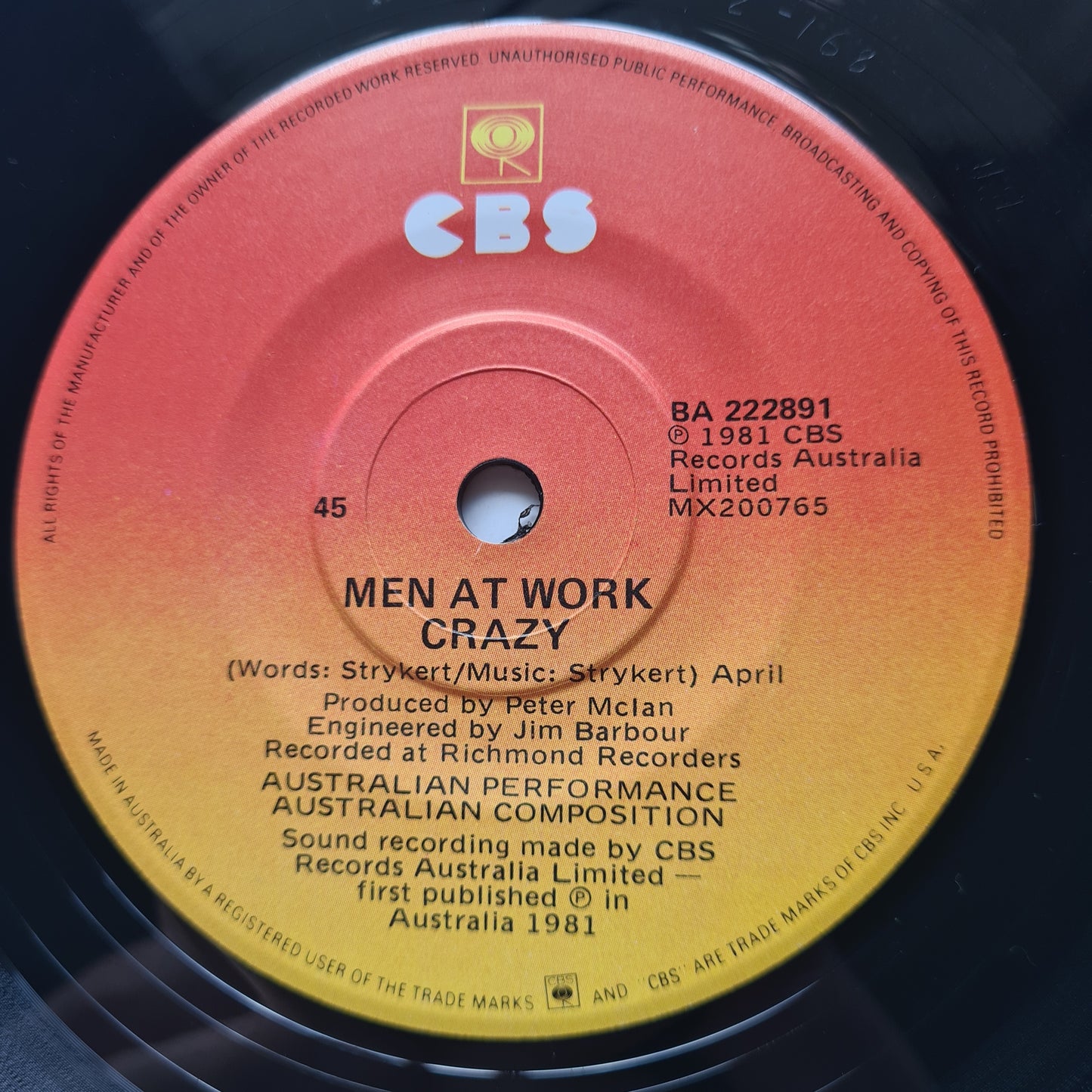 Men At Work - Down Under/Crazy - 1981 - Vinyl Record 7" Single - 45 RPM - Sound Hound Records