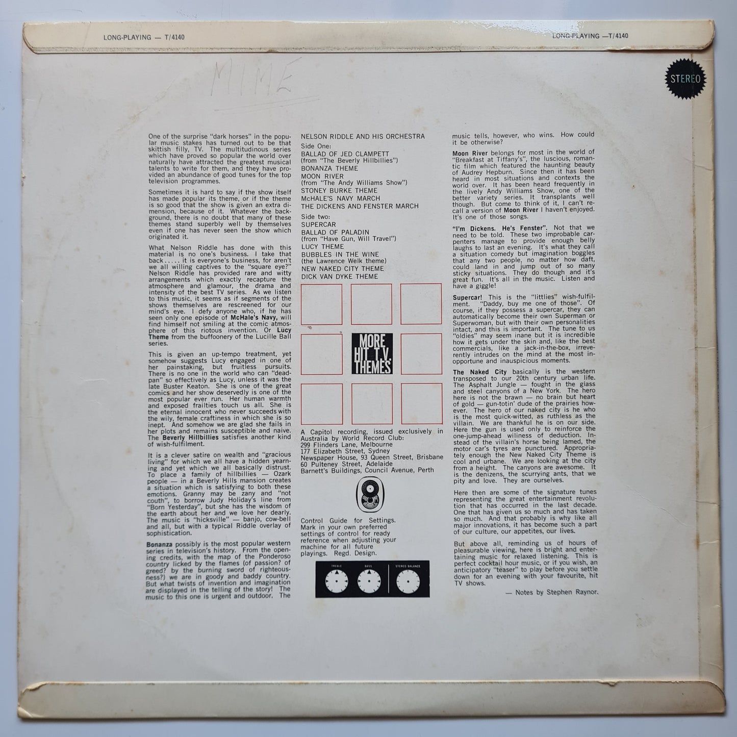 Nelson Riddle And His Orchestra - More Hit T.V. Themes - 1963 (1966 Australian Pressing) - Vinyl Record LP - Sound Hound Records