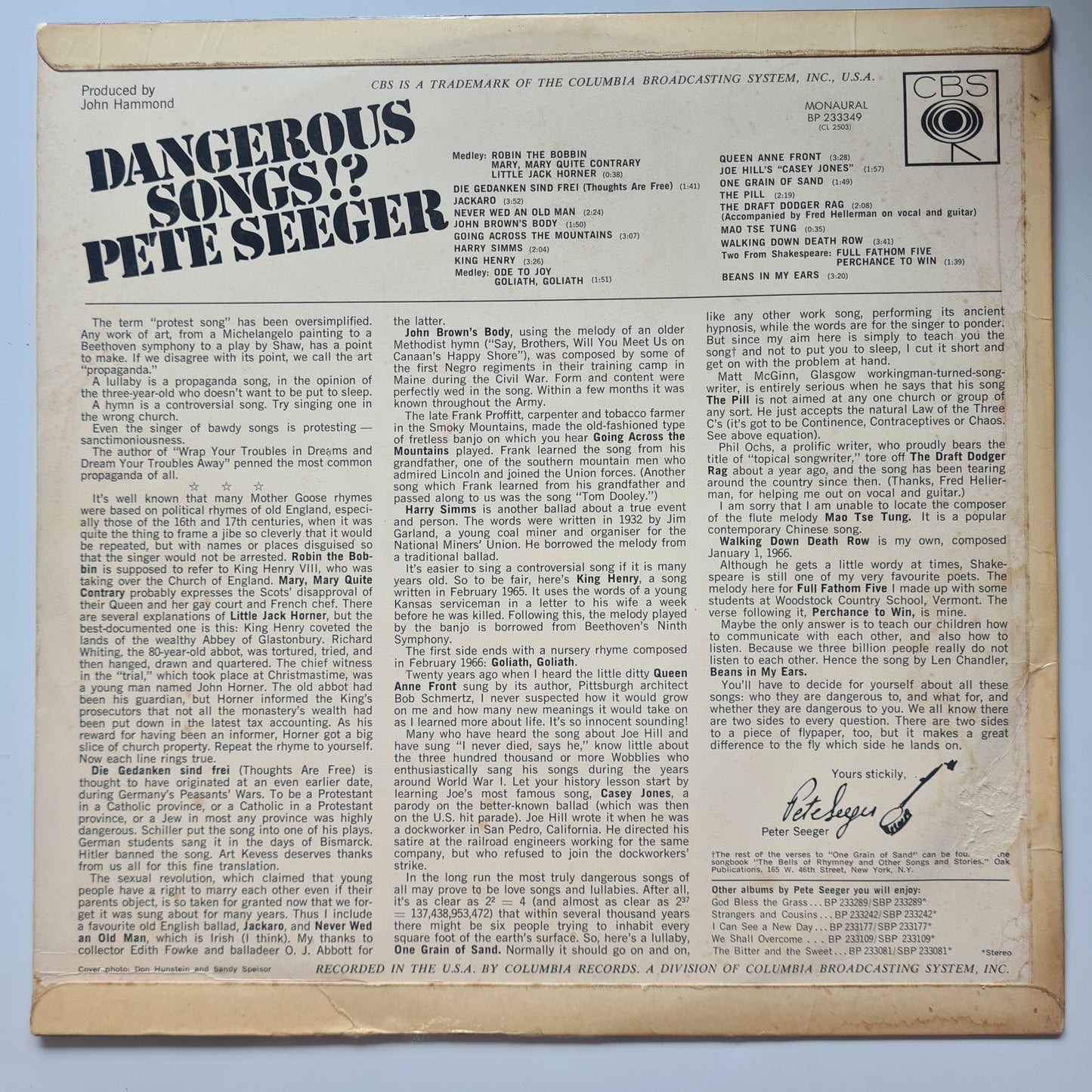 Pete Seeger – Dangerous Songs!? - 1966 (Australian repress) - Vinyl Record LP - Sound Hound Records