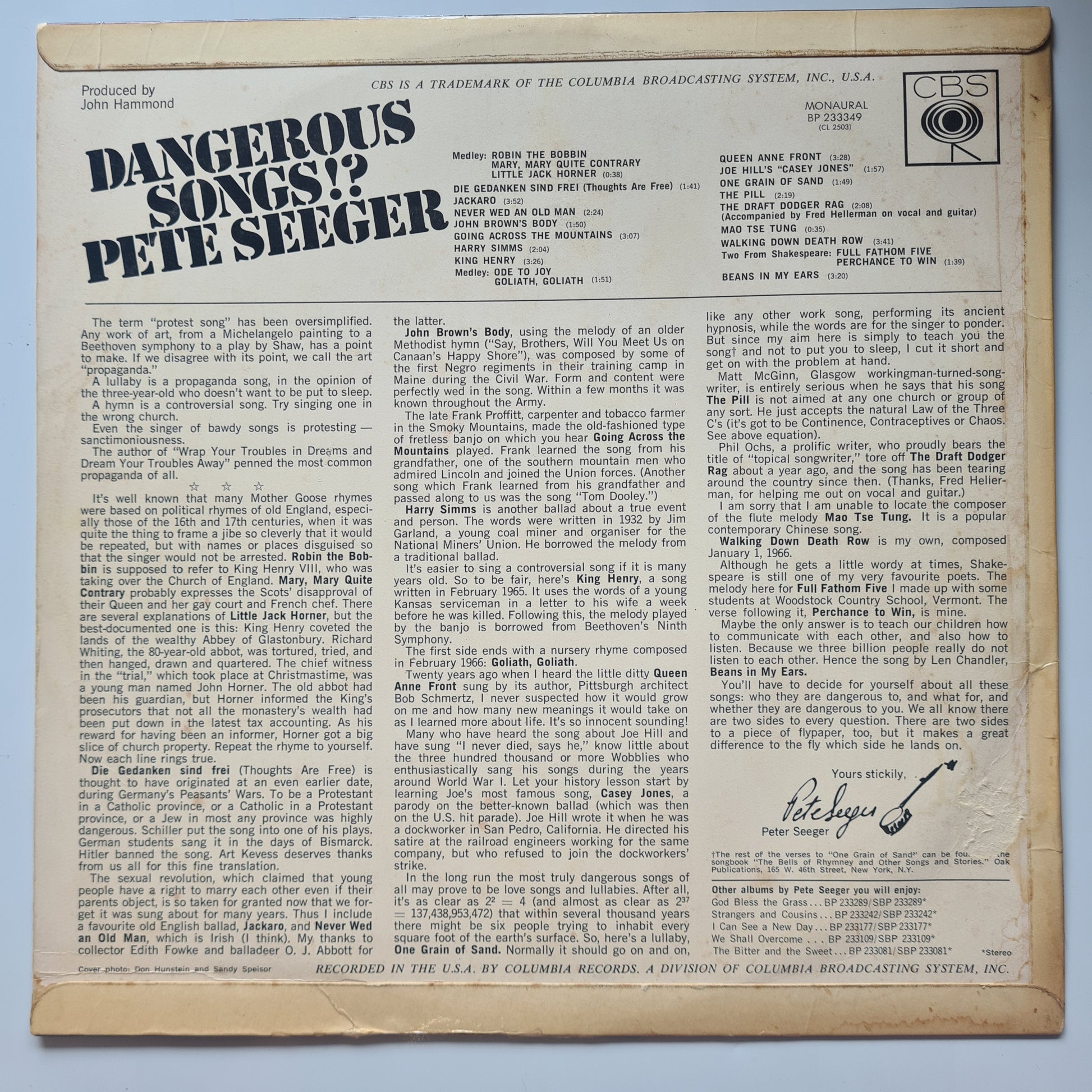 Pete Seeger – Dangerous Songs!? - 1966 (Australian repress) - Vinyl Record LP - Sound Hound Records
