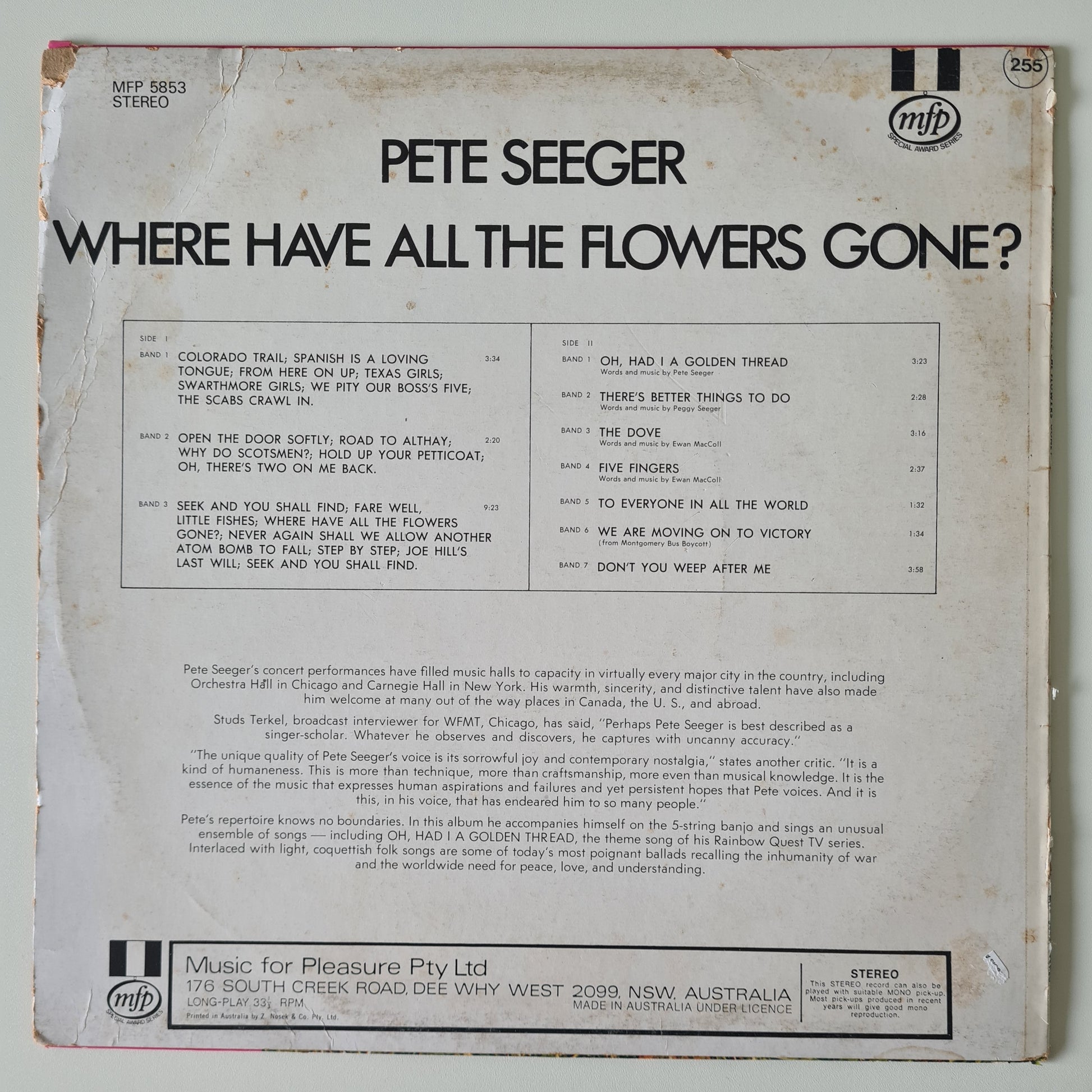 Pete Seeger – Where Have All The Flowers Gone? - 1960 (70's Australian Pressing) - Vinyl Record LP - Sound Hound Records