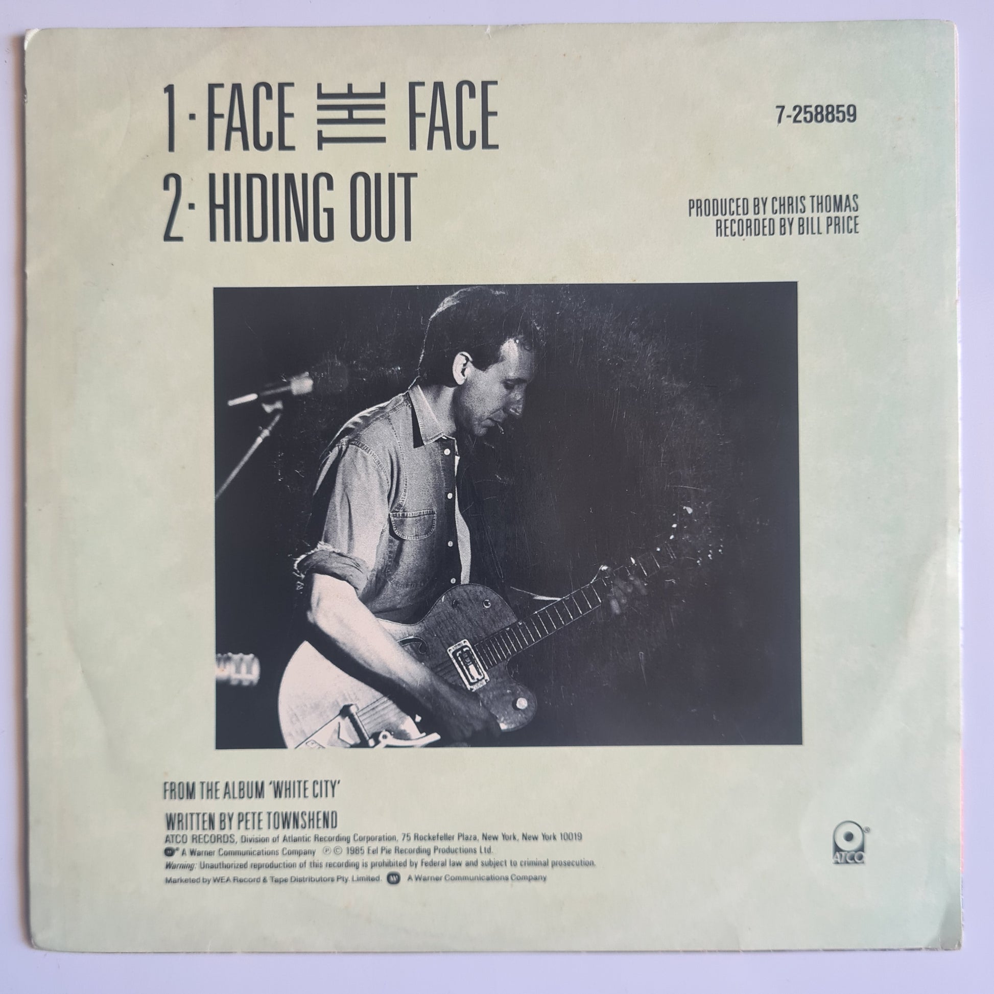 Pete Townshend (The Who) – Face The Face - 1985 - Vinyl Record 7" Single - 45 RPM - Sound Hound Records
