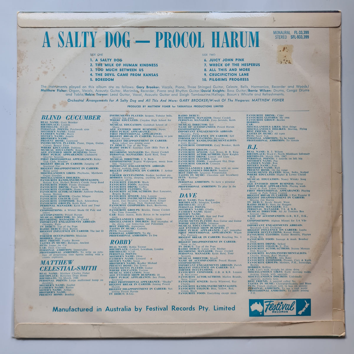 Procol Harum – A Salty Dog - 1969 - Vinyl Record LP - Sound Hound Records