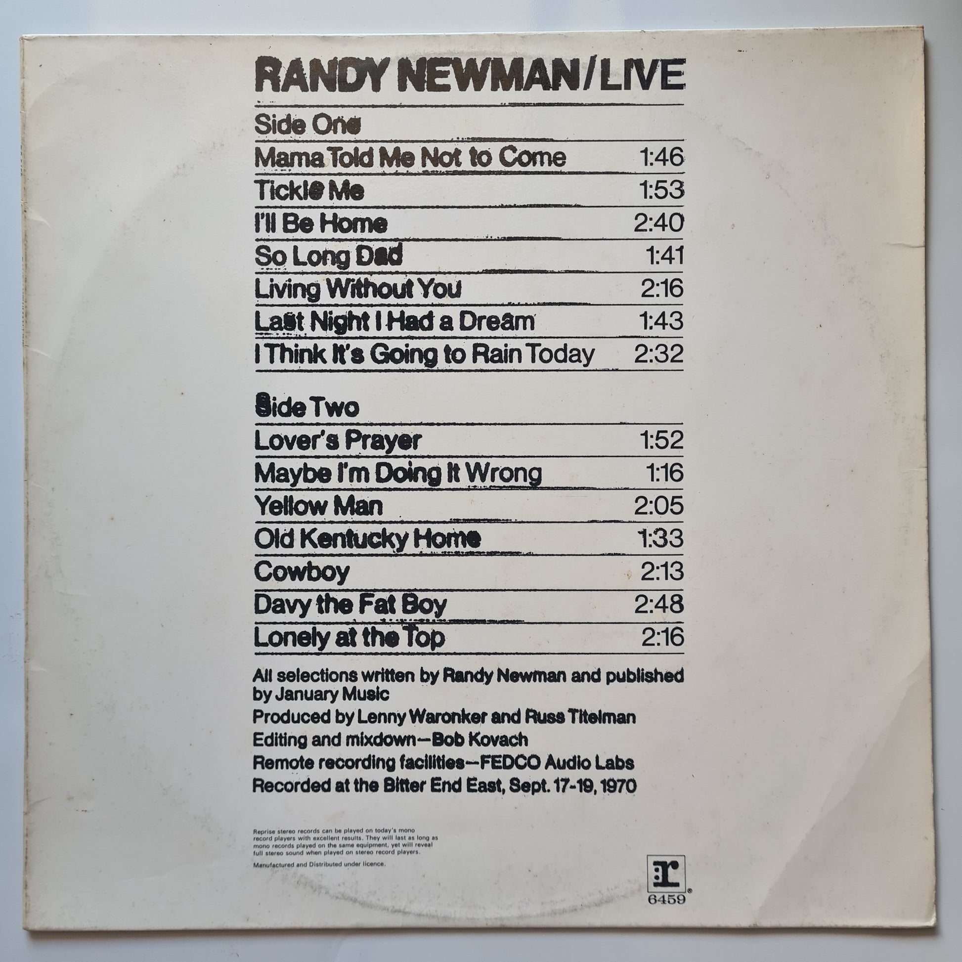 Randy Newman – Randy Newman LIVE - 1971 - Vinyl Record LP - Sound Hound Records