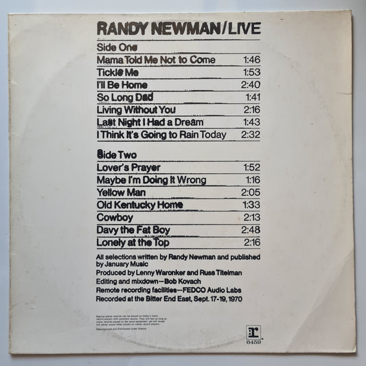 Randy Newman – Randy Newman LIVE - 1971 - Vinyl Record LP - Sound Hound Records