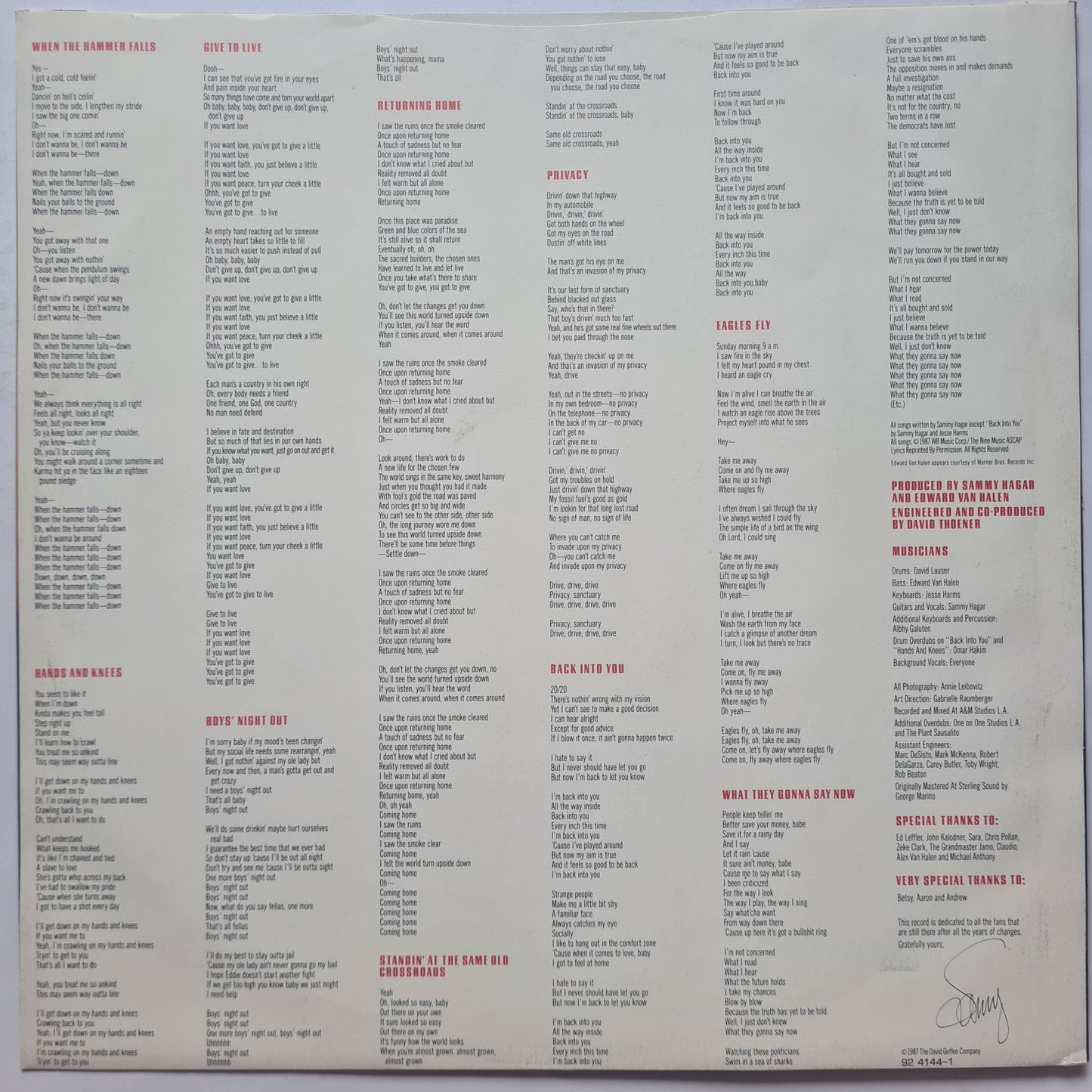 Sammy Hagar (Van Halen) – Sammy Hagar - 1987 (Italian Pressing) - Vinyl Record LP - Sound Hound Records