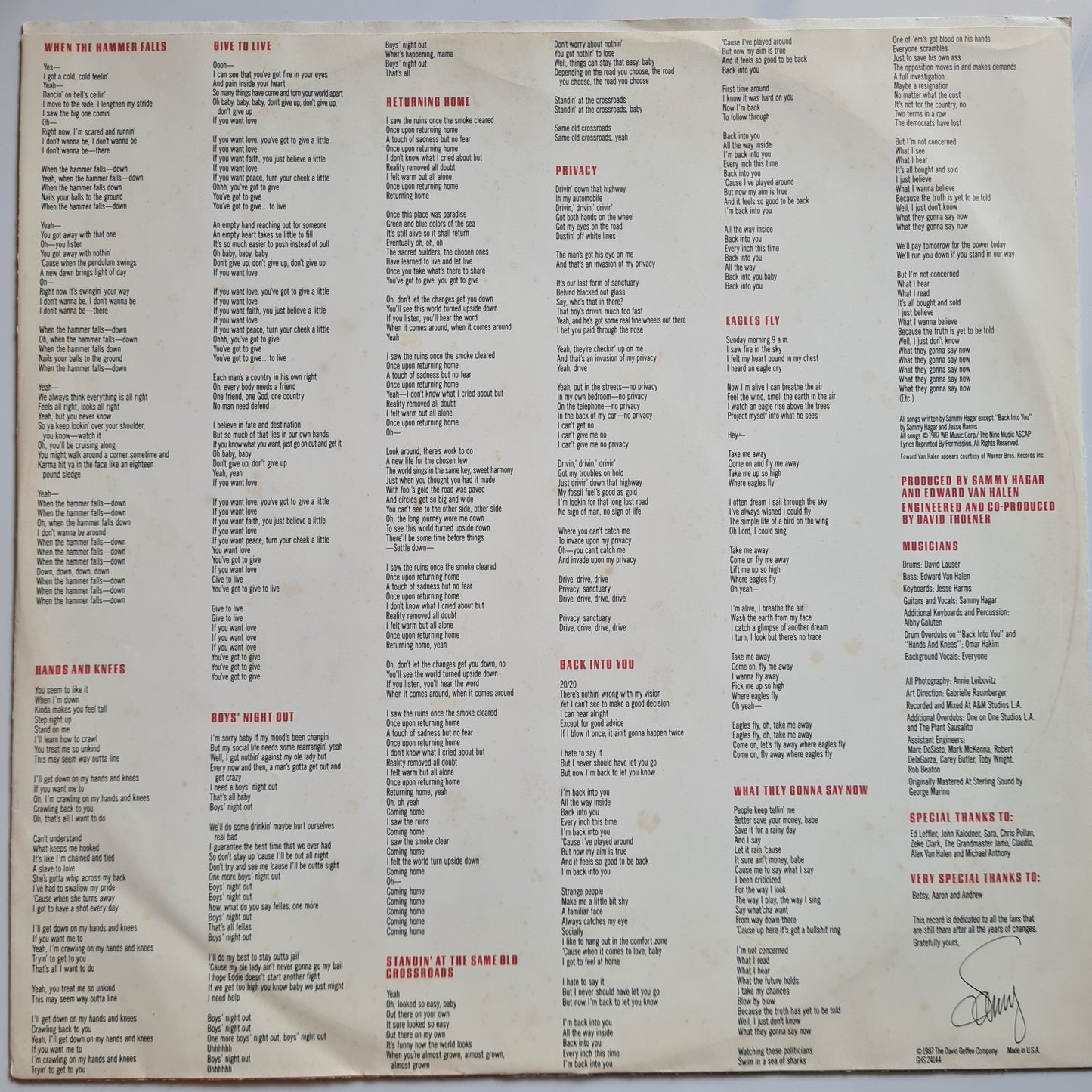 Sammy Hagar (Van Halen) – Sammy Hagar - 1987 (USA Pressing) - Vinyl Record LP - Sound Hound Records