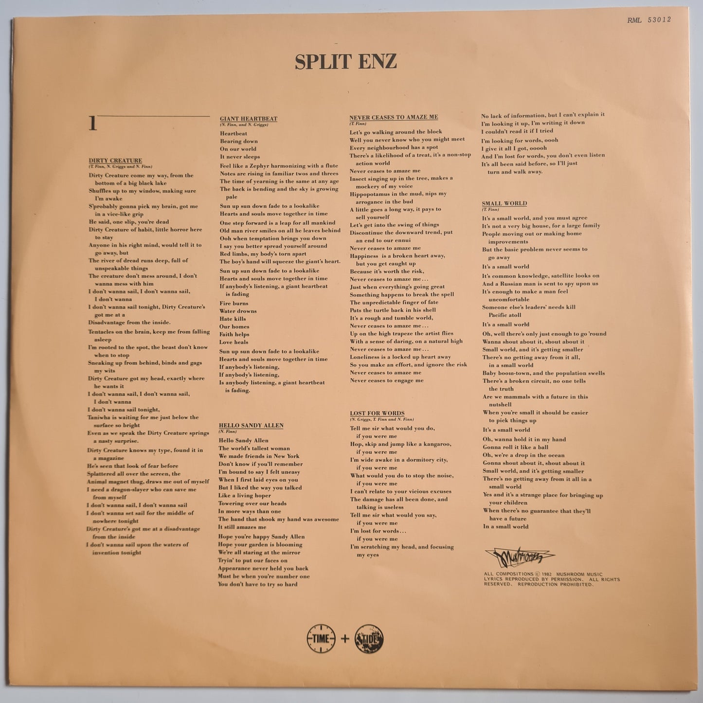 Split Enz – Time And Tide - 1982 - Vinyl Record LP - Sound Hound Records