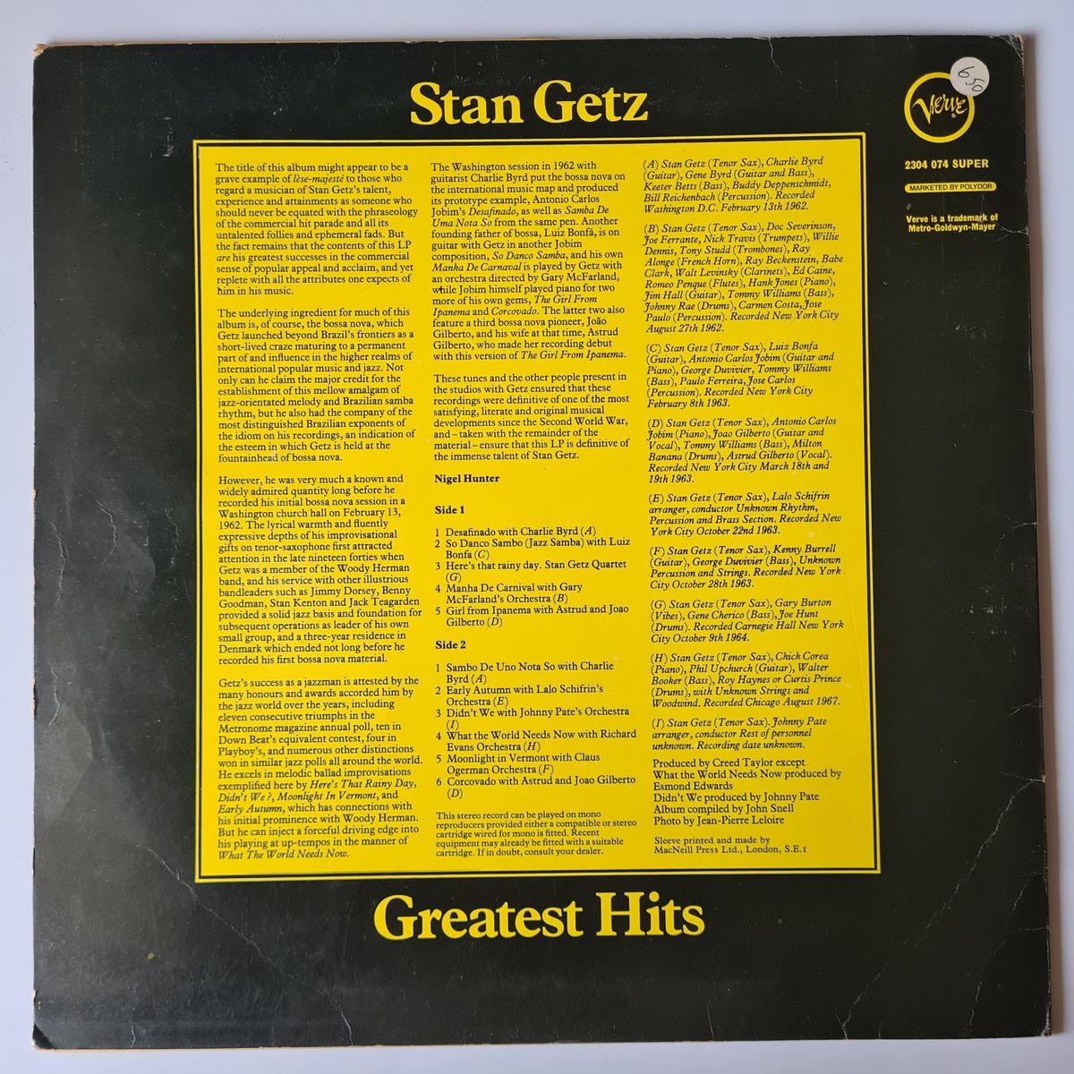 Stan Getz - Greatest Hits - 1970's UK Pressing - Vinyl Record LP