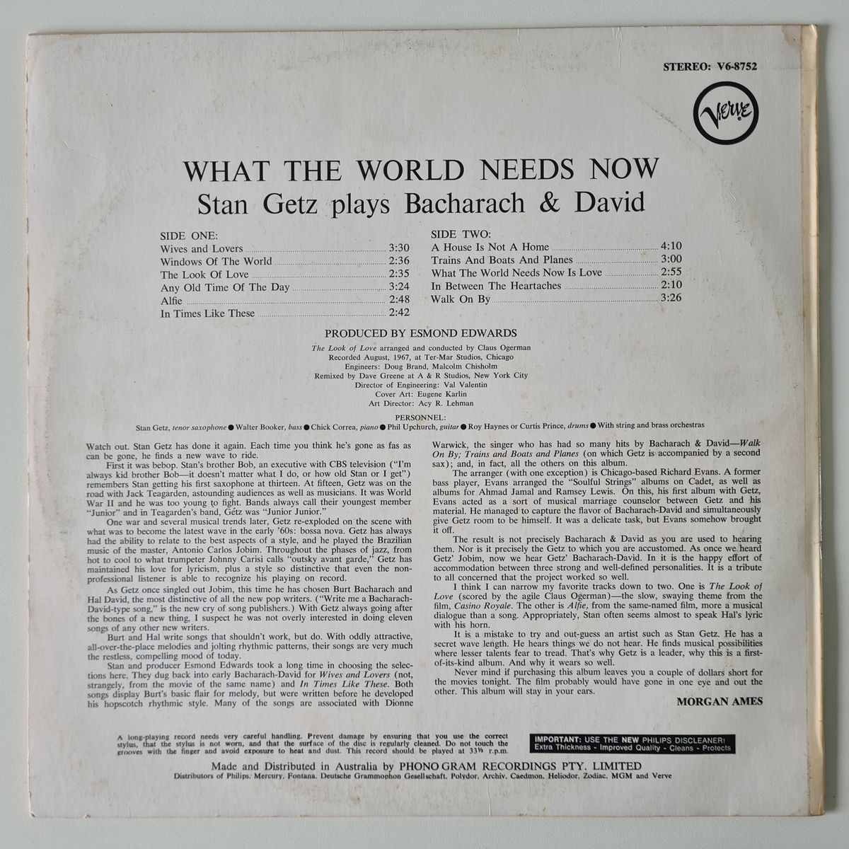 Stan Getz - What The World Needs Now (Stan Getz Plays Bacharach And David) - 1968 - Vinyl Record LP