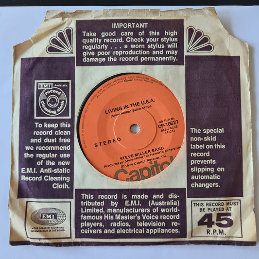 Steve Miller Band - Living In The U.S.A. / Kow Kow Calqulator - 1974 - Vinyl Record 7" Single - 45 RPM - Sound Hound Records